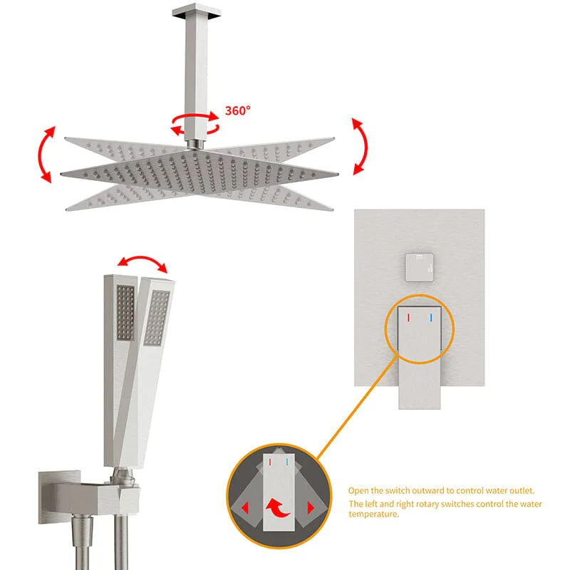 12" Ceiling Mounted Square Shower Systems with Head Shower & Hand Shower Combo Set - Image 18