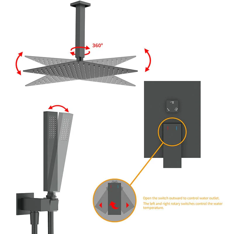 12" Ceiling Mounted Square Shower Systems with Head Shower & Hand Shower Combo Set - Image 6