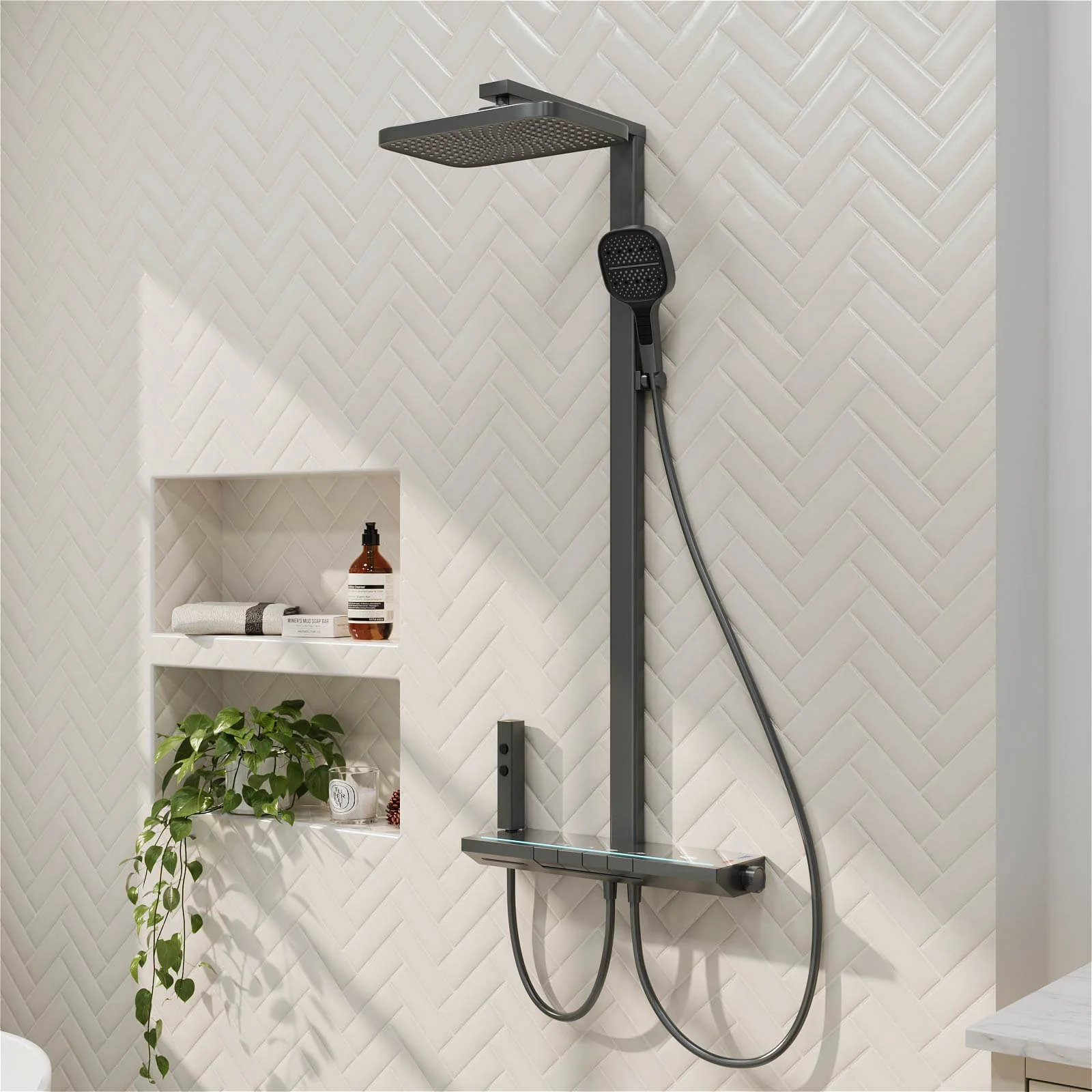 12" Thermostatic Shower System with Piano Key Digital Display Ambient Lights, Tub Spout, Hand Shower, Bidet Sprayer - Image 11