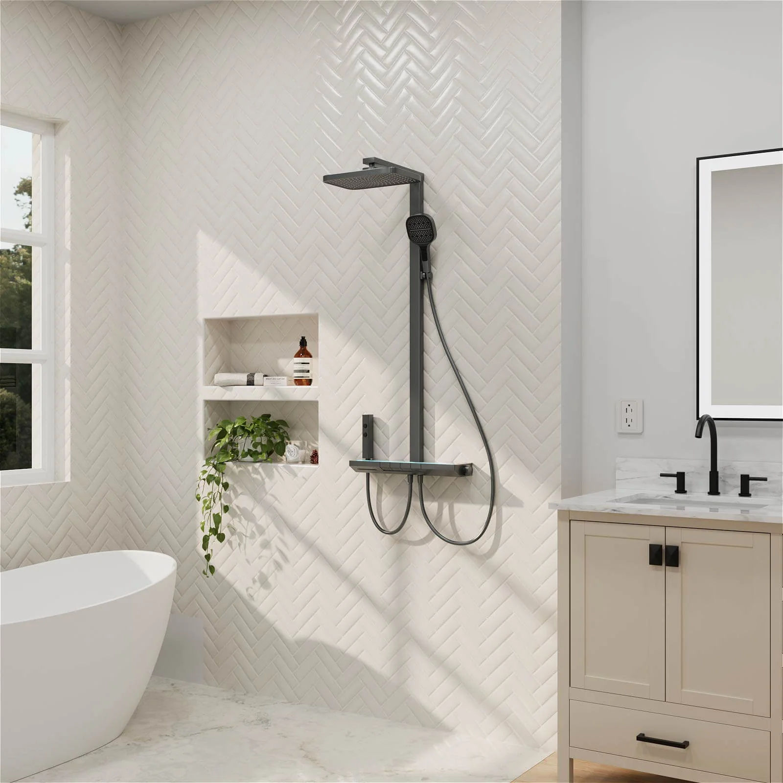 12" Thermostatic Shower System with Piano Key Digital Display Ambient Lights, Tub Spout, Hand Shower, Bidet Sprayer - Image 12