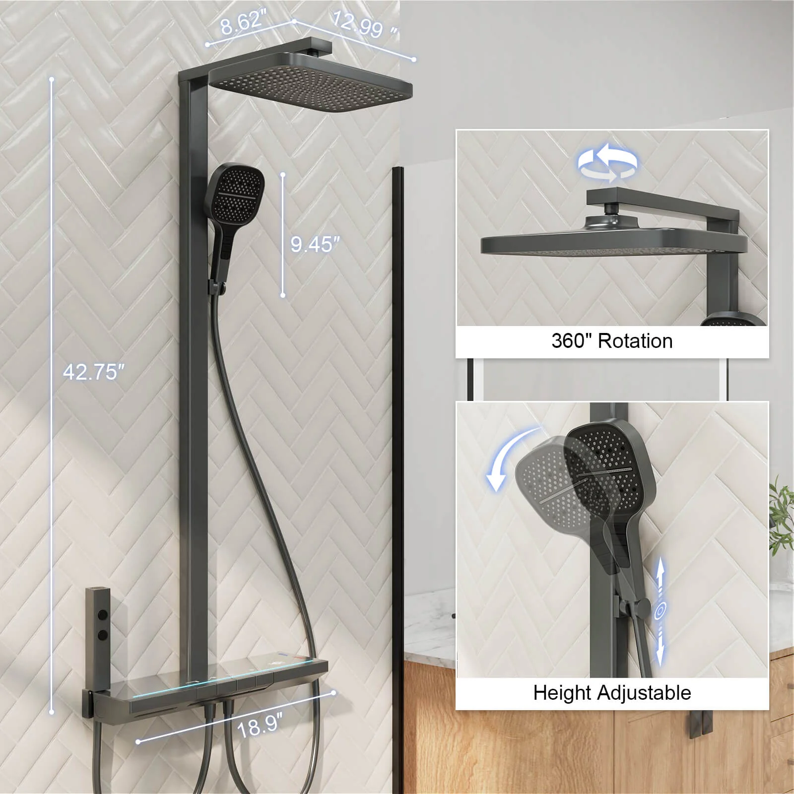 12" Thermostatic Shower System with Piano Key Digital Display Ambient Lights, Tub Spout, Hand Shower, Bidet Sprayer - Image 5