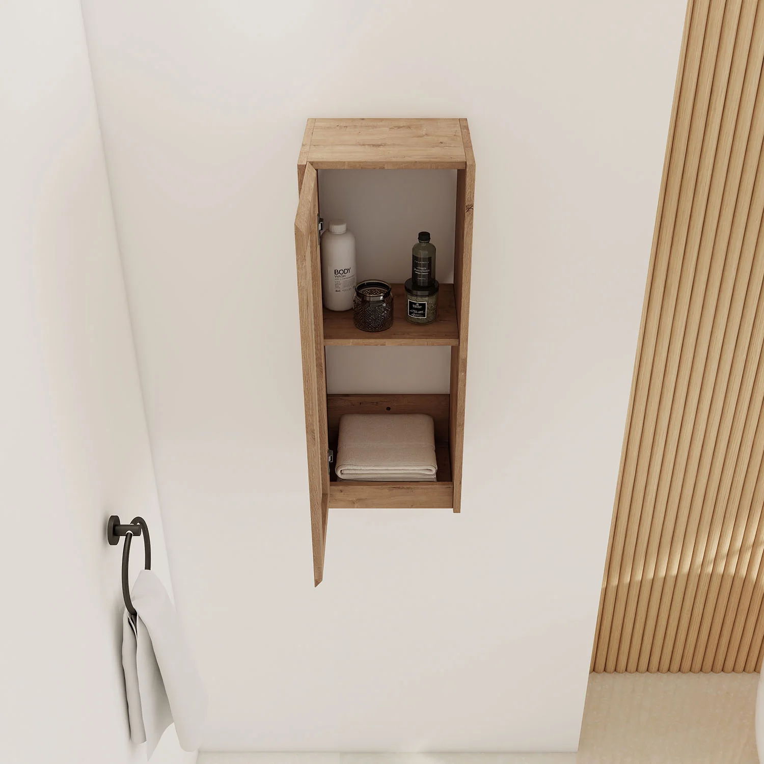 12" White Oak Bathroom Wall Cabinet with Rattan Door and Shelves - Image 3