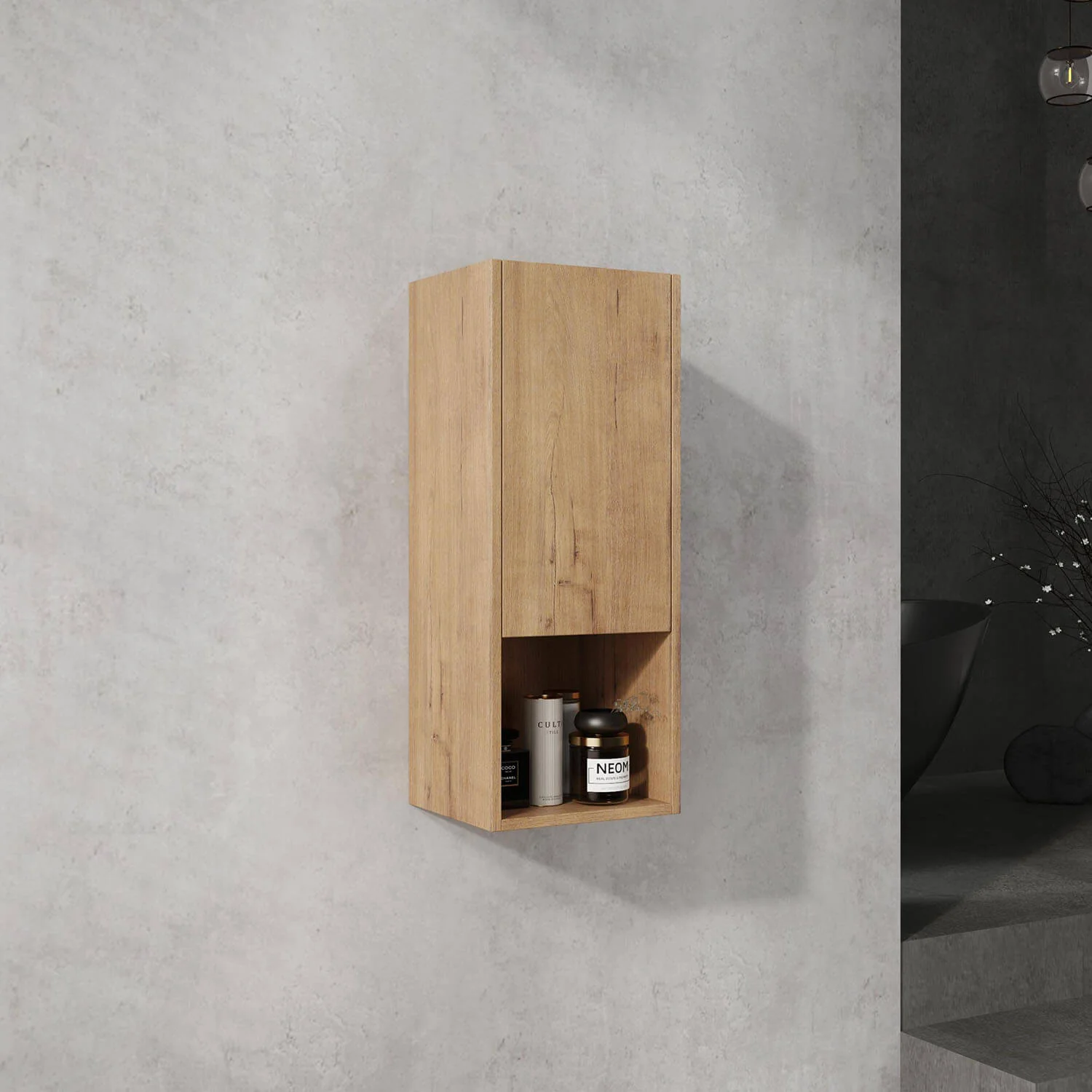 12" White Oak Bathroom Wall Cabinet with Soft Close Door and Open Shelf - Image 2