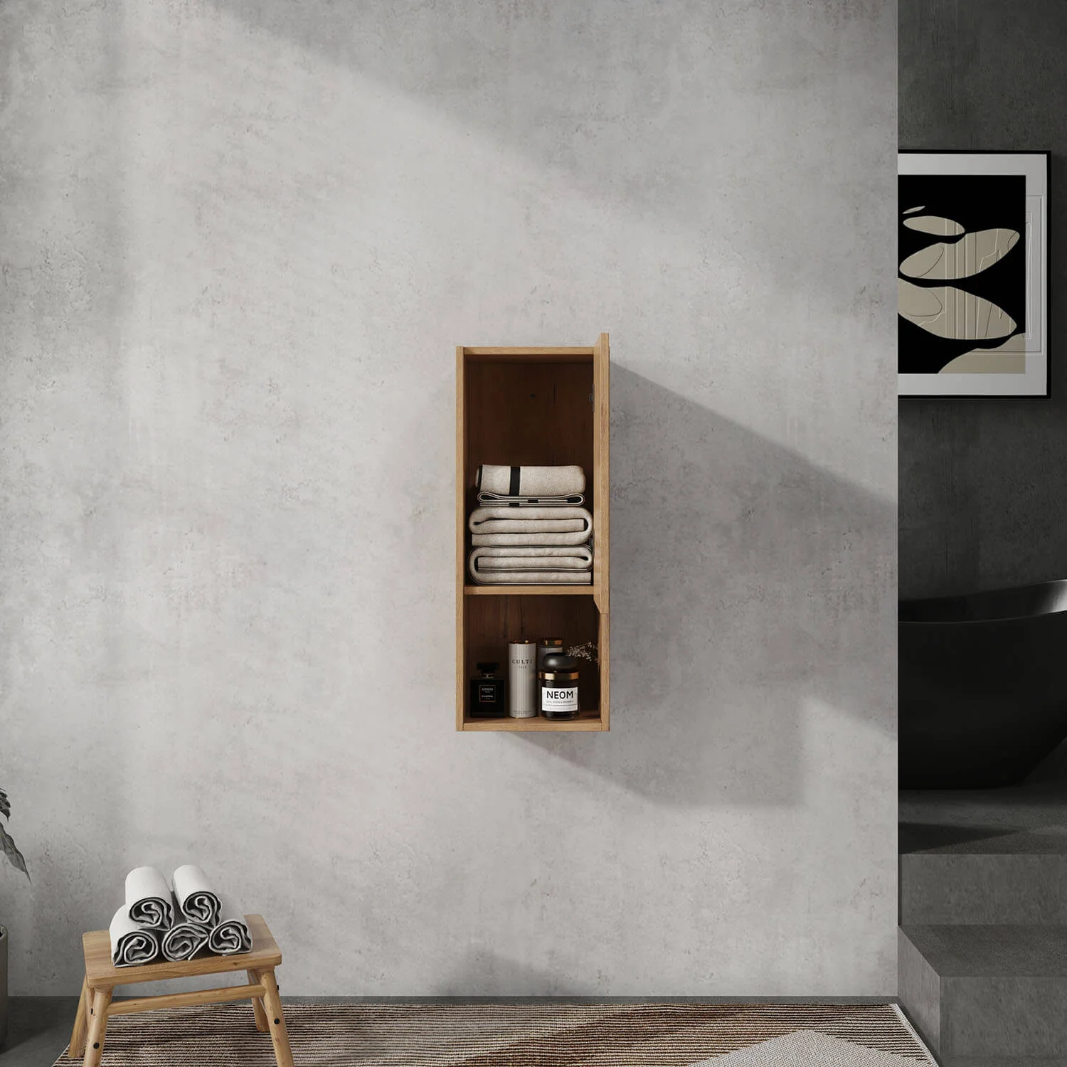 12" White Oak Bathroom Wall Cabinet with Soft Close Door and Open Shelf - Image 3