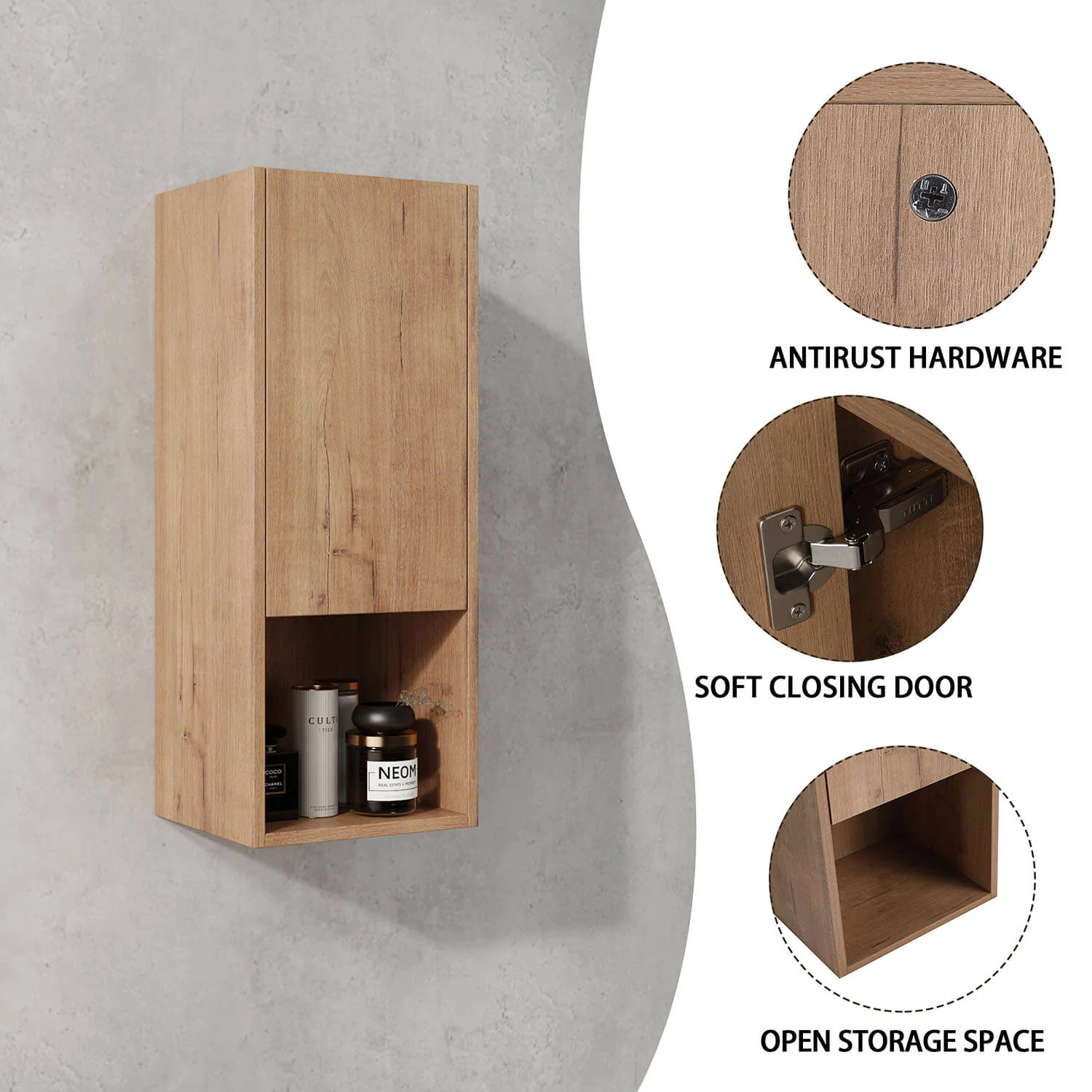 12" White Oak Bathroom Wall Cabinet with Soft Close Door and Open Shelf - Image 6