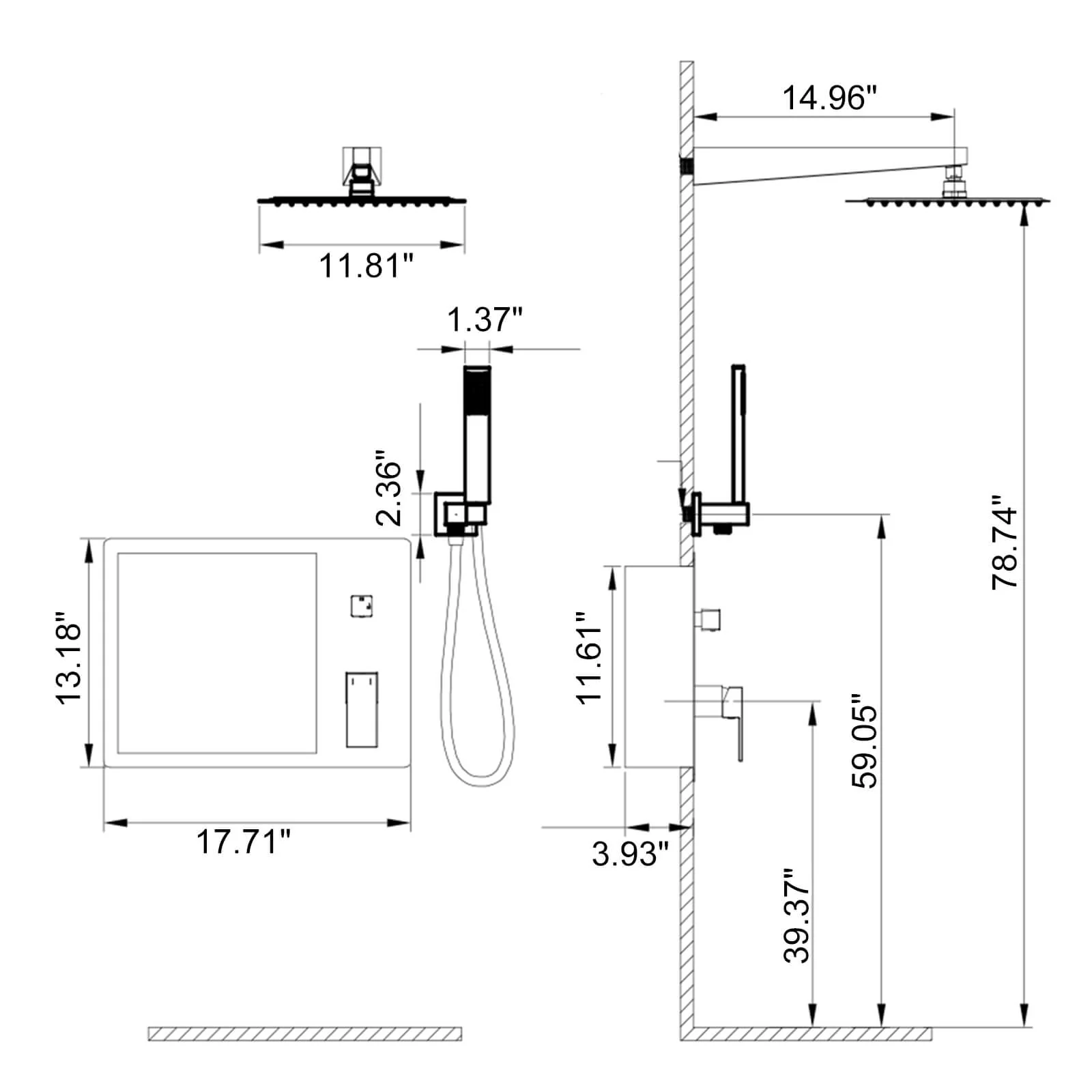 12" Wall-Mounted Rain Head Shower System with Shower Niche and Handheld - Image 15