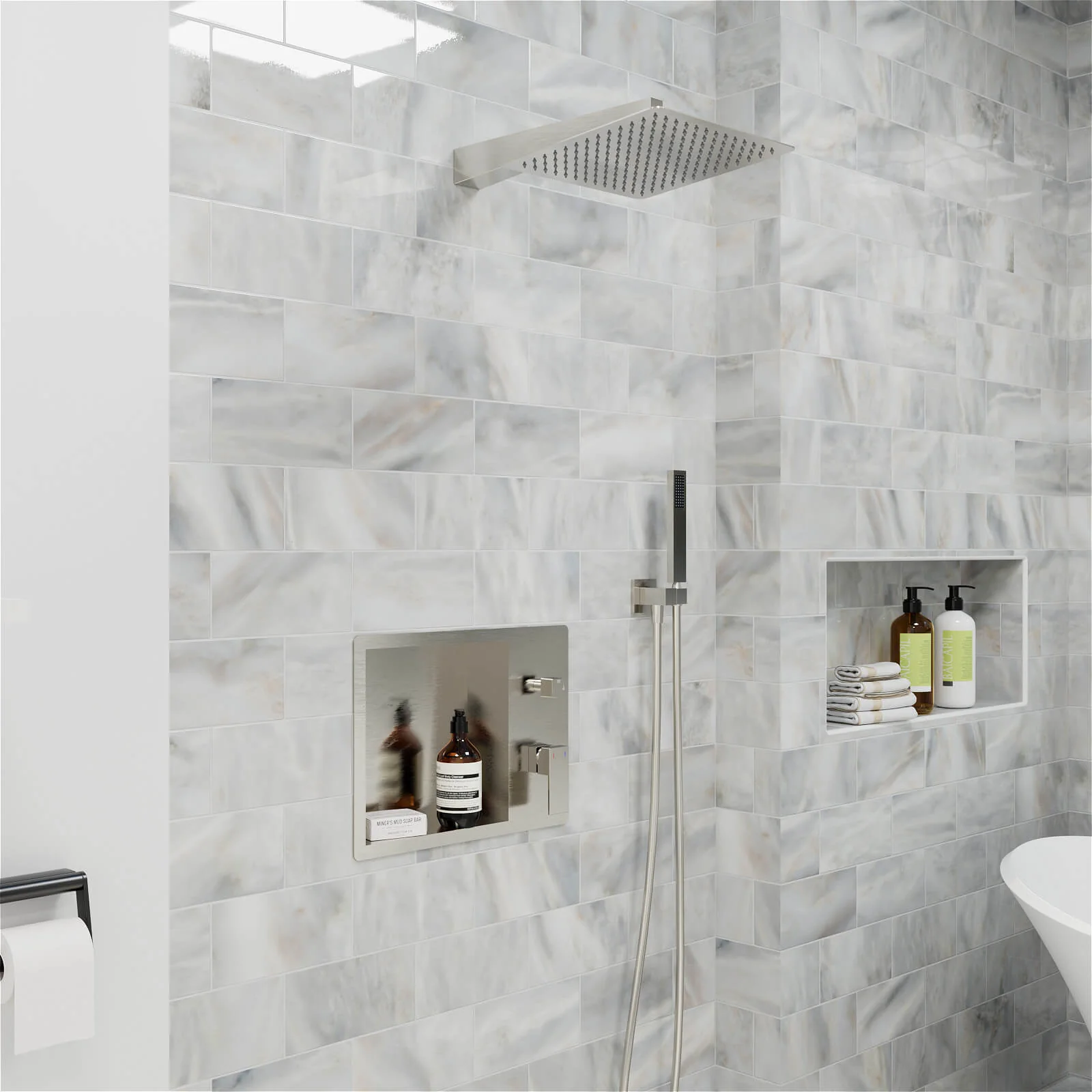 12" Wall-Mounted Rain Head Shower System with Shower Niche and Handheld - Image 19