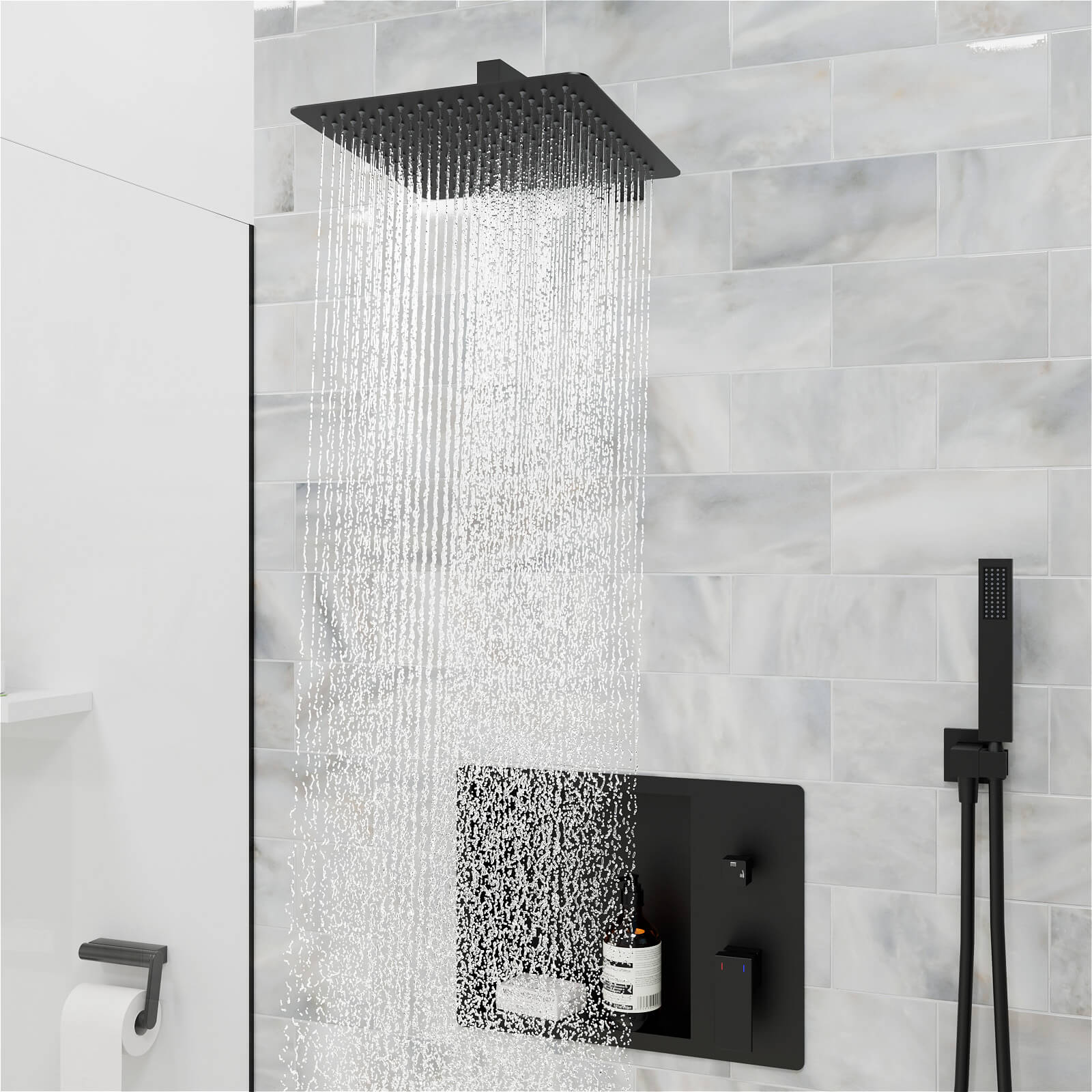 12" Wall-Mounted Rain Head Shower System with Shower Niche and Handheld - Image 2