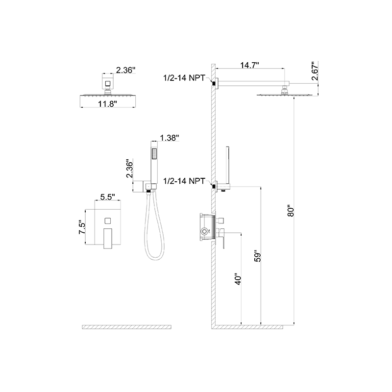 Giving Tree 12" Wall Mount Square Shower Systems with Head Shower & Hand Shower Combo Set - Image 10