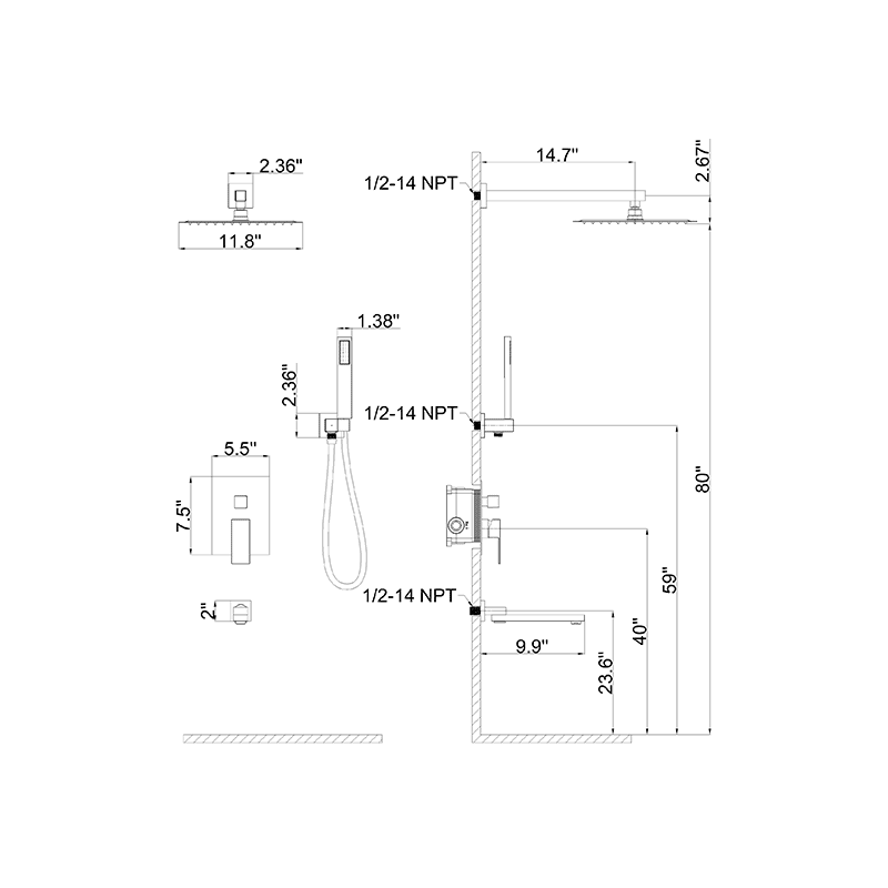 12" Square Shower Set with Hand Shower & Tub Spout Shower Combo Set - Image 39