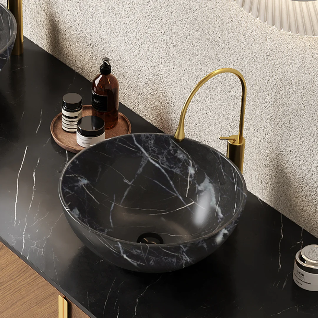 14" Black Ceramic Bowl Above-Counter Vessel Sink with Stone Pattern - Image 2
