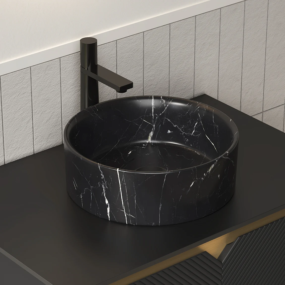 14" Round Black Ceramic Above-Counter Vessel Sink with Stone Pattern