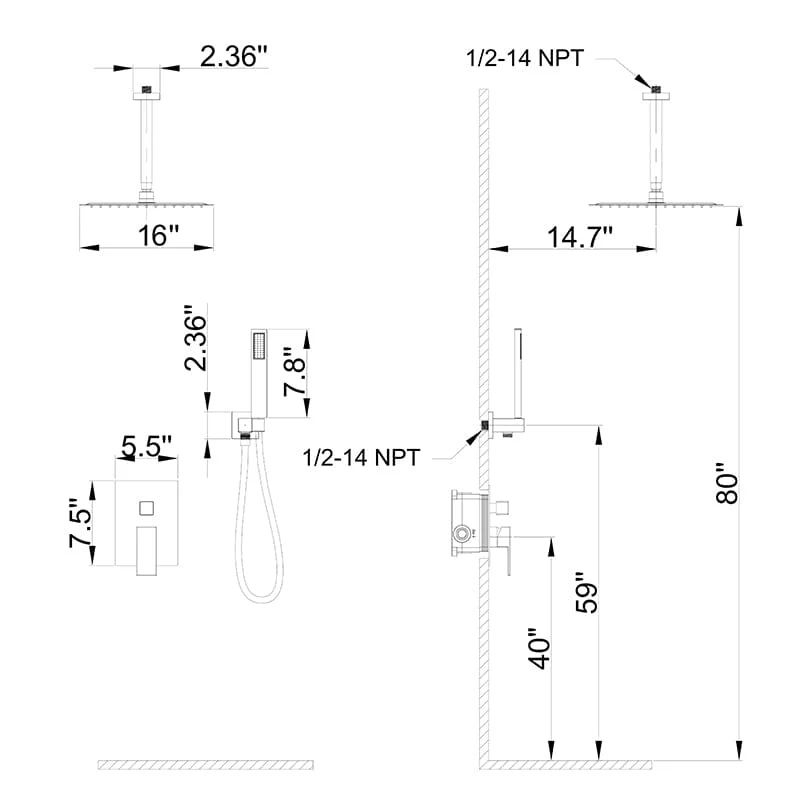 16" Ceiling Mount Square Shower Set with Head Shower & Hand Shower Combo Set - Image 28