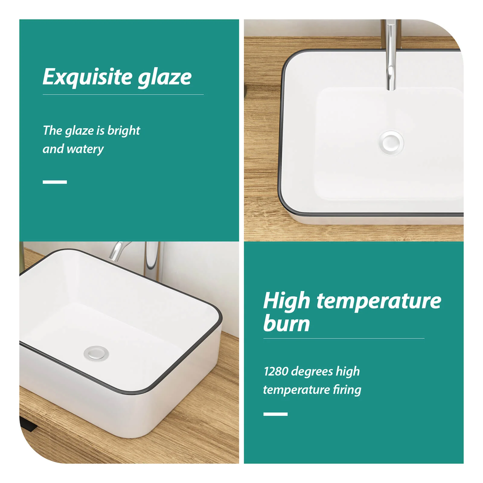 16" x 12" White Ceramic Bathroom Sink with Black Trim - Image 4