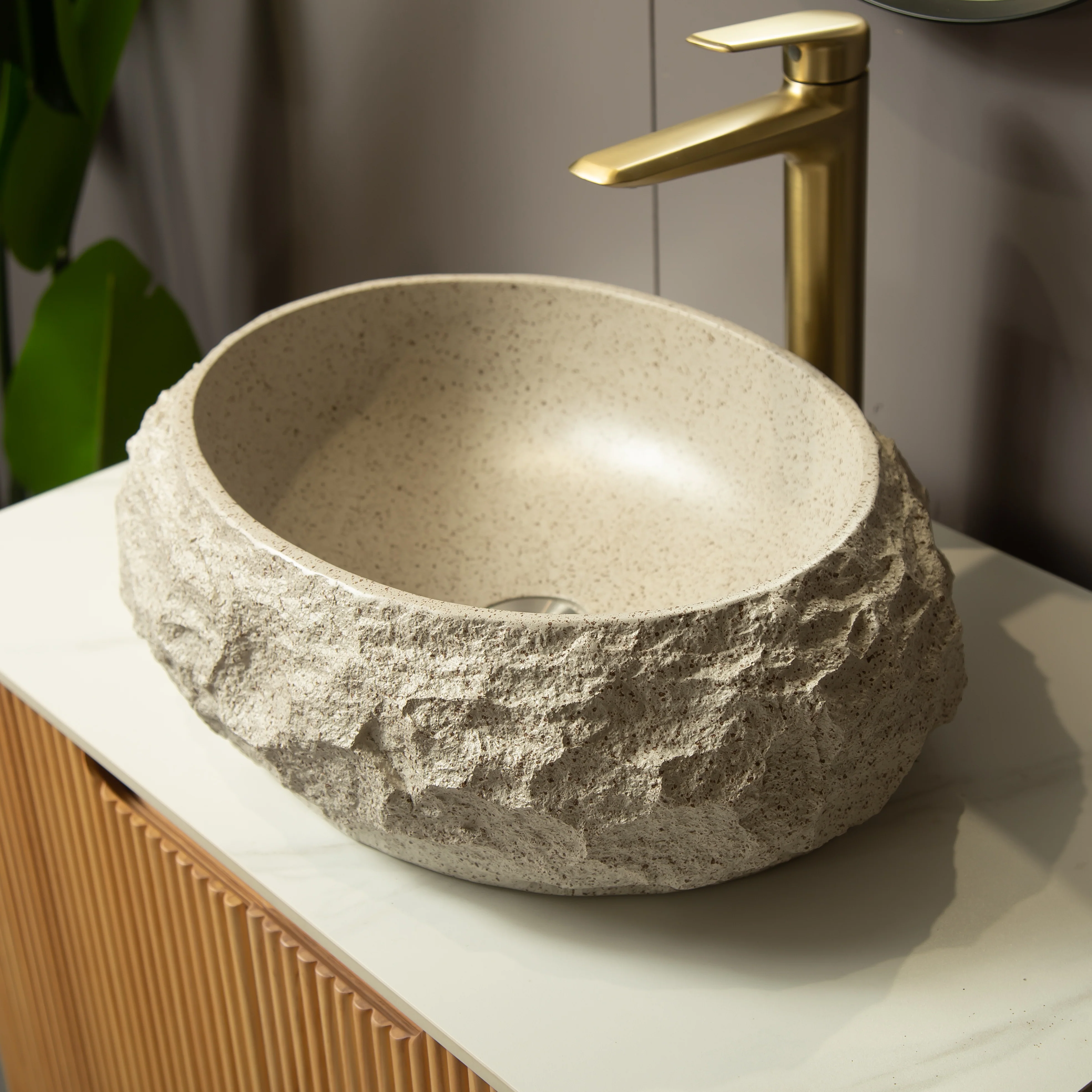 18" Beige Stone Pattern Resin Vessel Bathroom Sink, Artistic Oval Basin