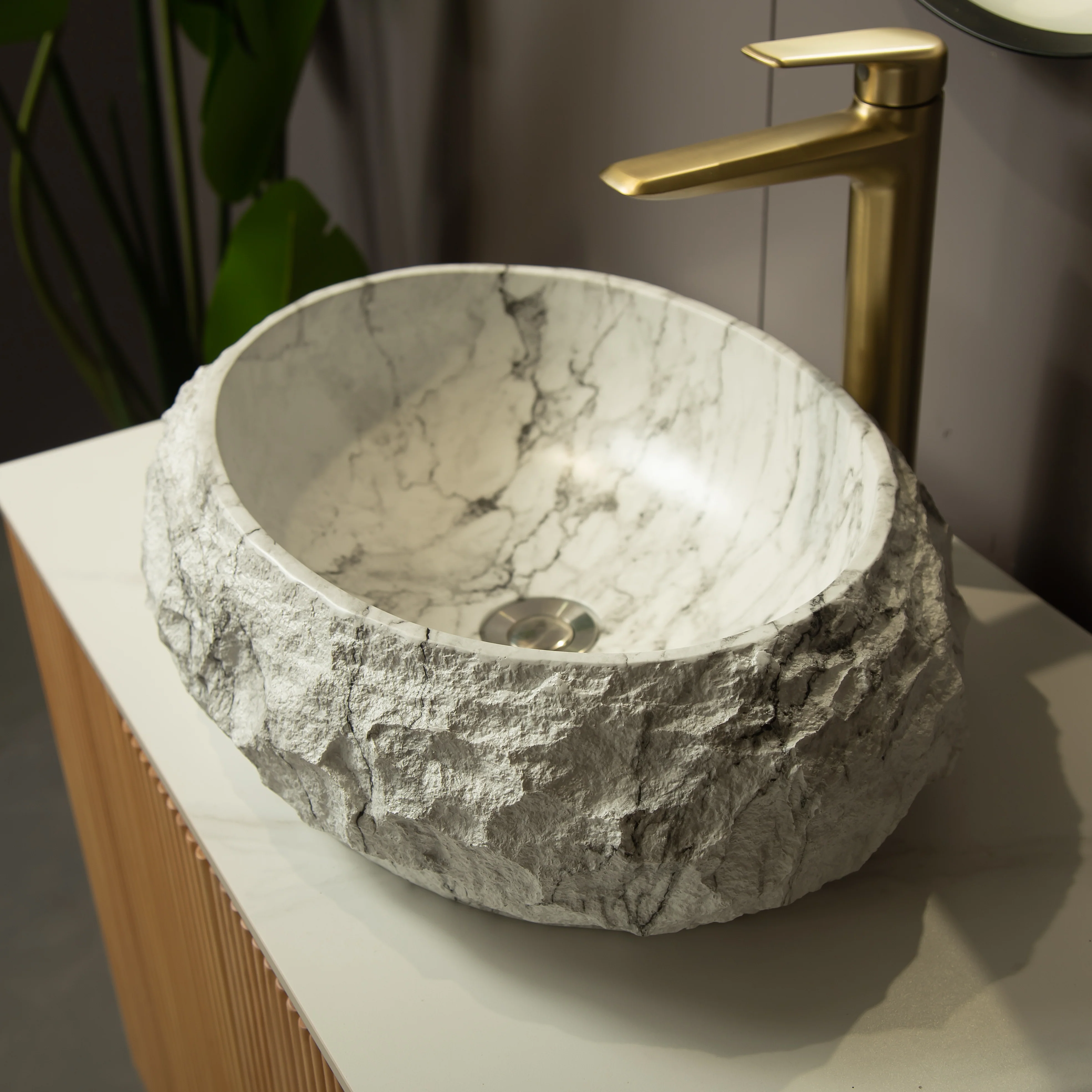 18" Ivory Stone Pattern Resin Vessel Bathroom Sink, Artistic Oval Basin