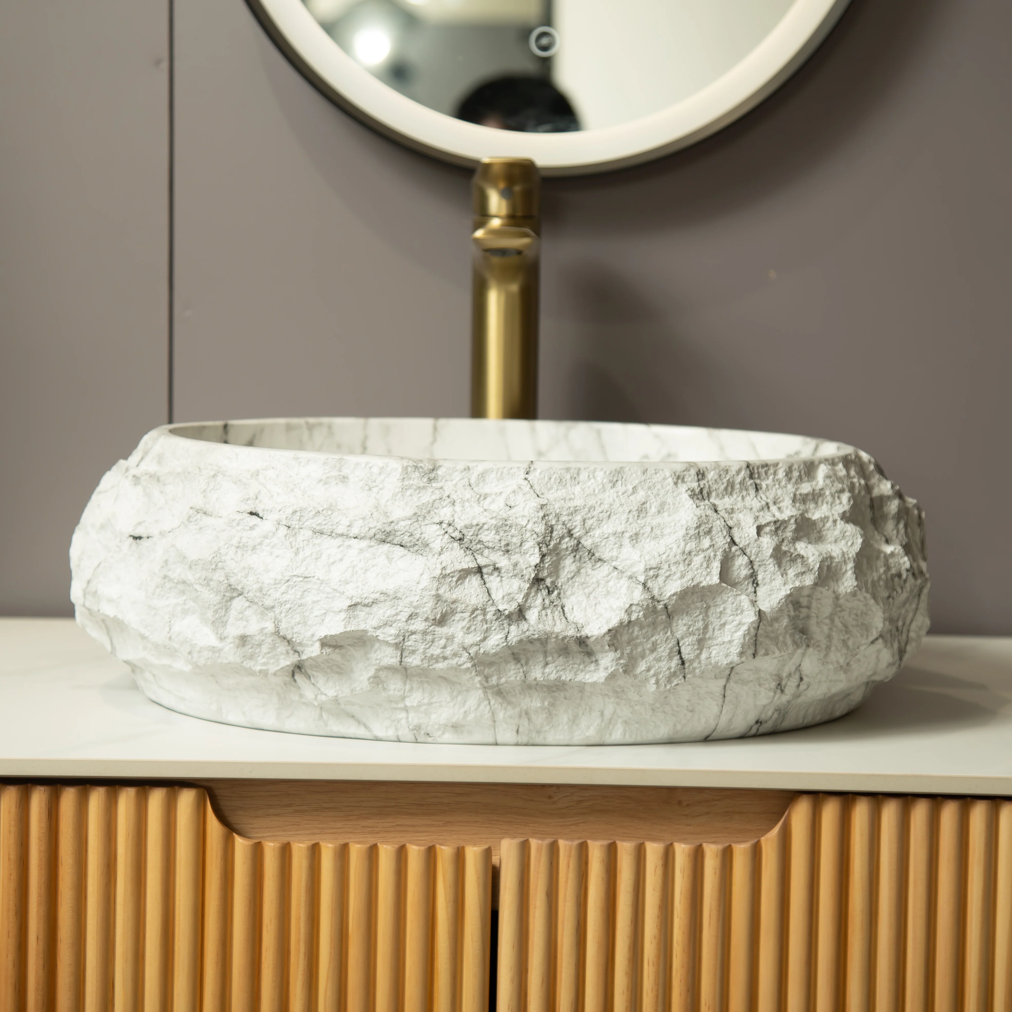 18" Ivory Stone Pattern Resin Vessel Bathroom Sink, Artistic Oval Basin - Image 3