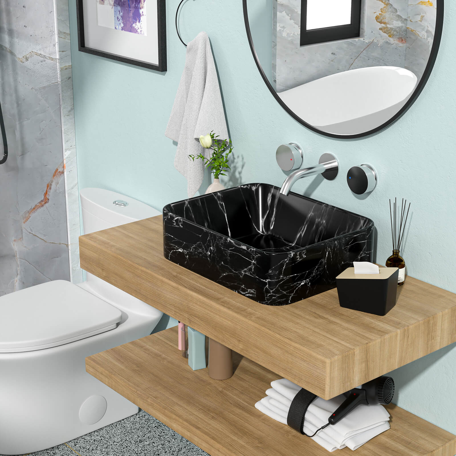 19" x 15" Rectangular Marble-Patterned Ceramic Vessel Sink