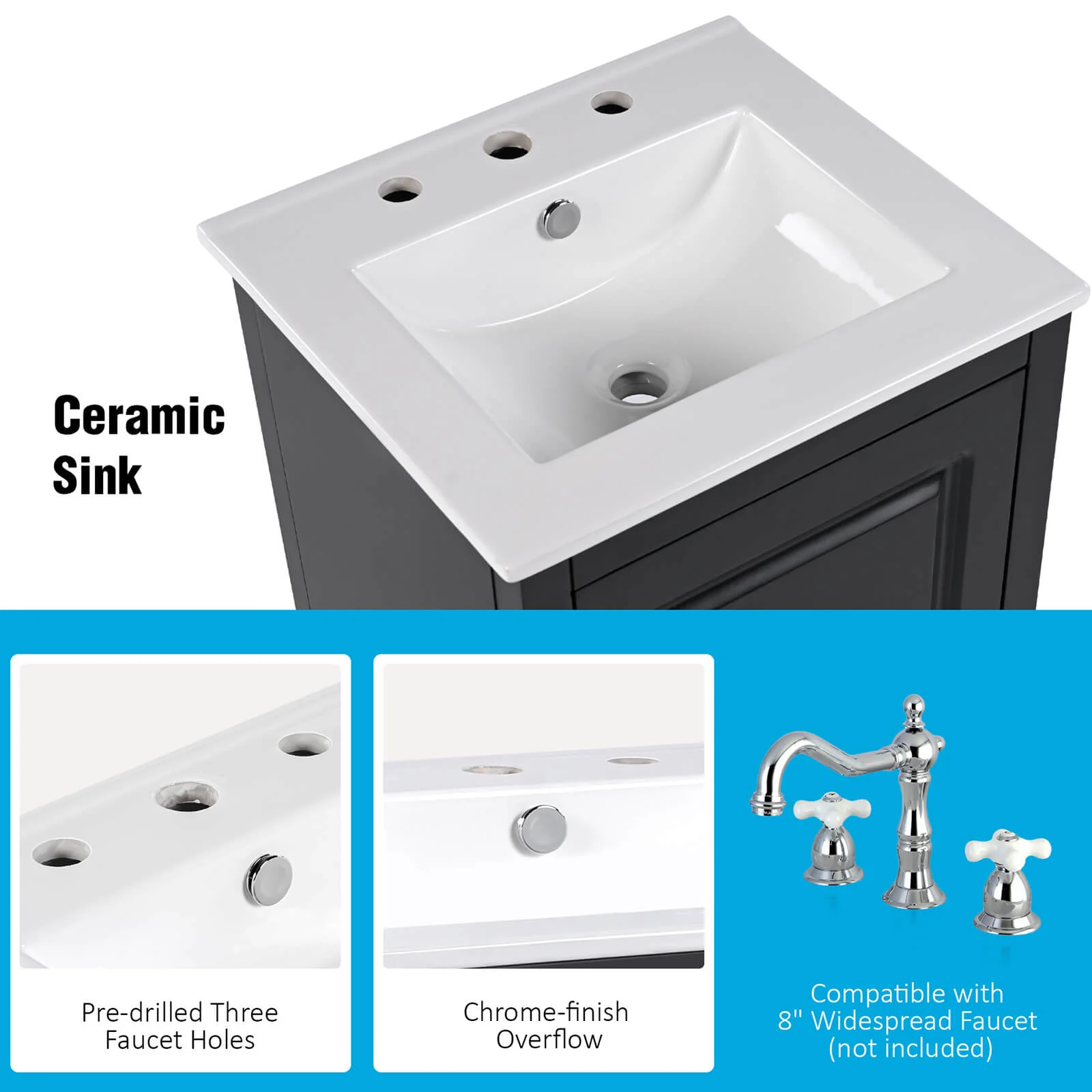 20" Black Minimalist Bathroom Vanity with Storage - Image 5