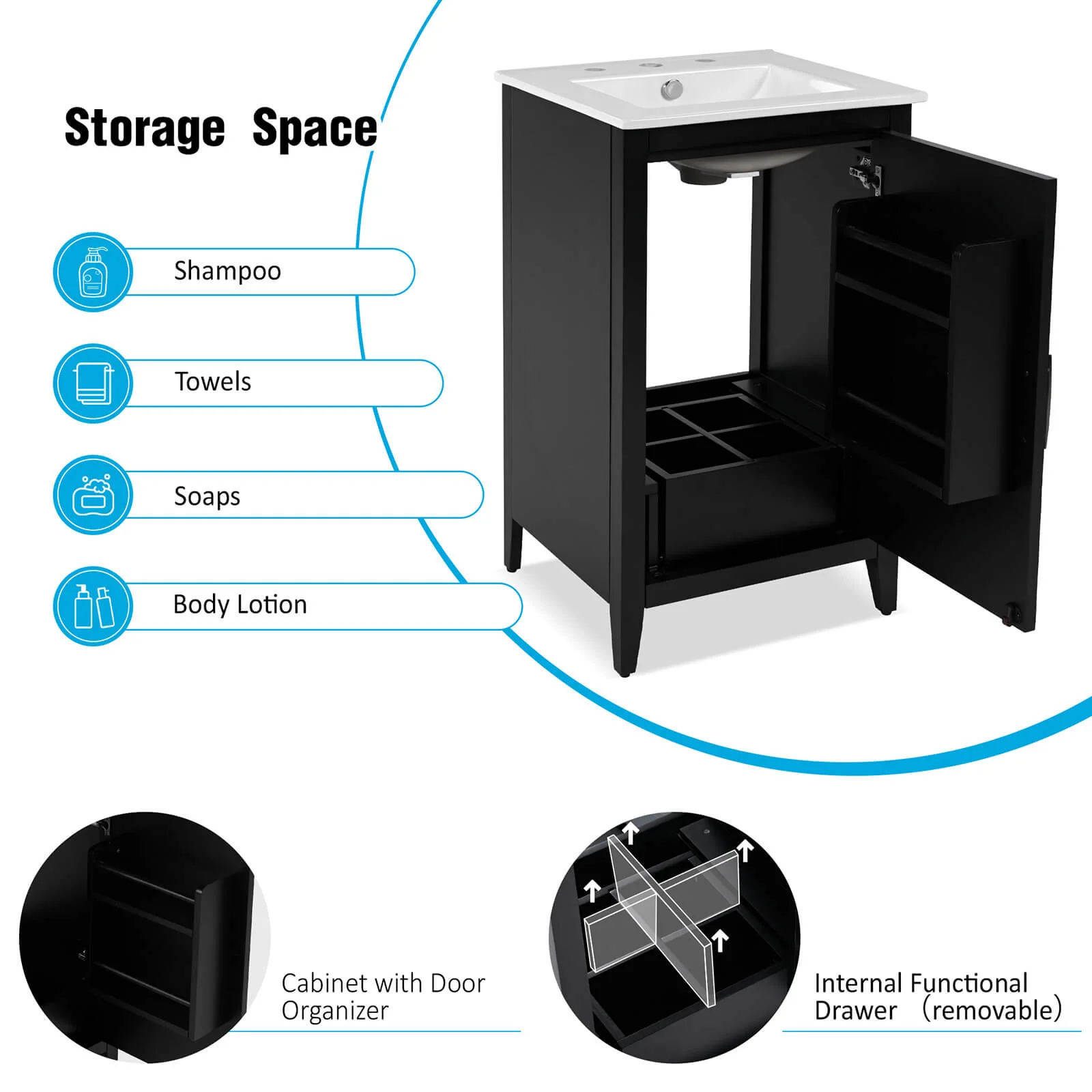20" Black Minimalist Bathroom Vanity with Storage - Image 6