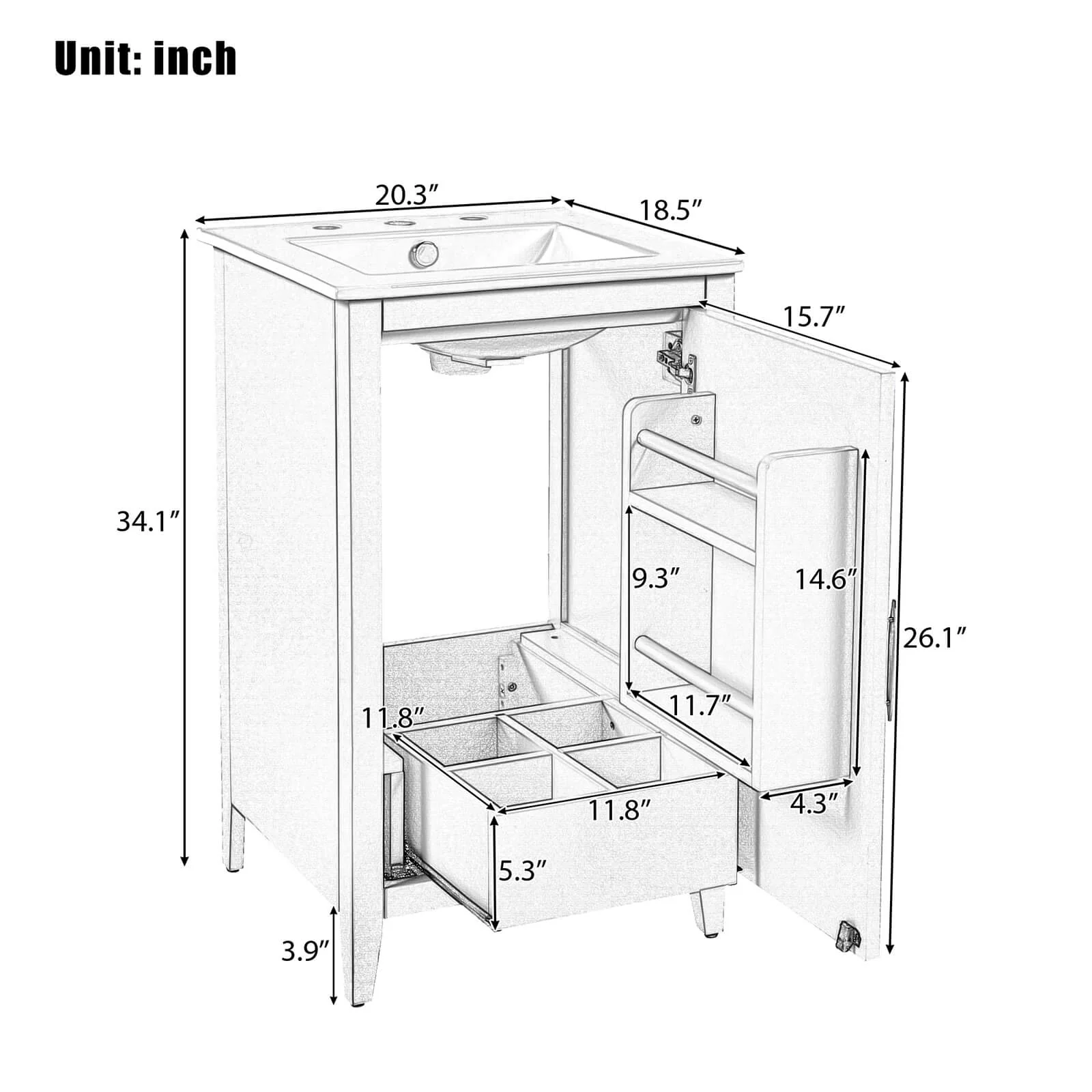 20" Black Minimalist Bathroom Vanity with Storage - Image 7