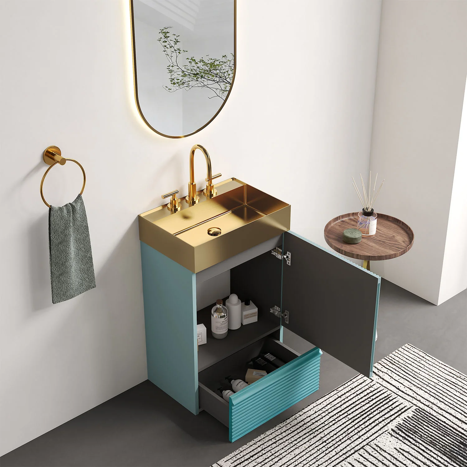20" Compact Fluted Blue Freestanding Bathroom Vanity with Brushed Gold Sink - Image 2
