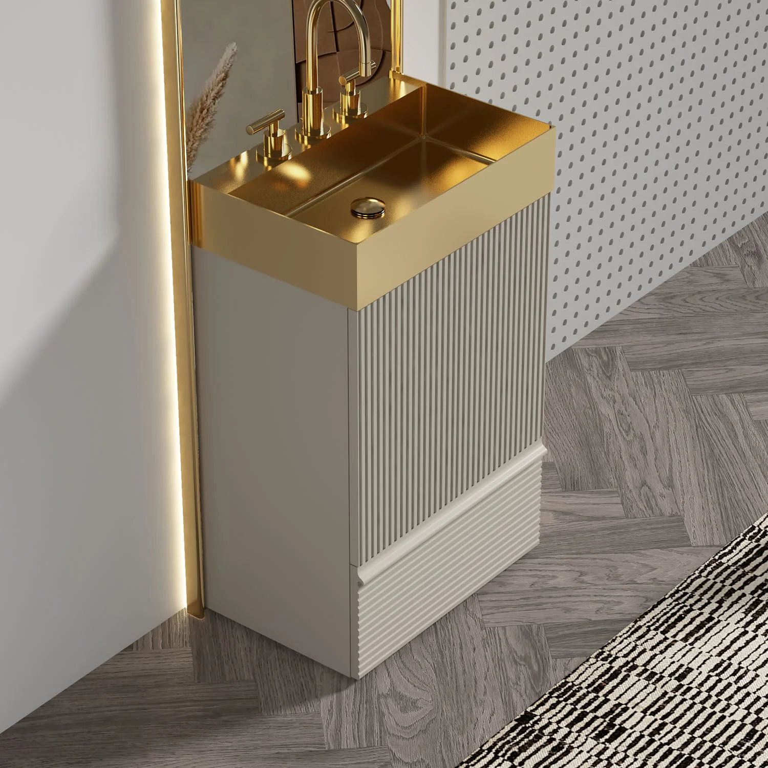 20" Compact Fluted Gray Freestanding Bathroom Vanity with Brushed Gold Sink