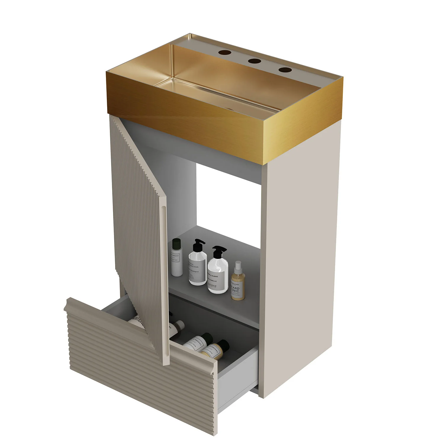 20" Compact Fluted Gray Freestanding Bathroom Vanity with Brushed Gold Sink - Image 6