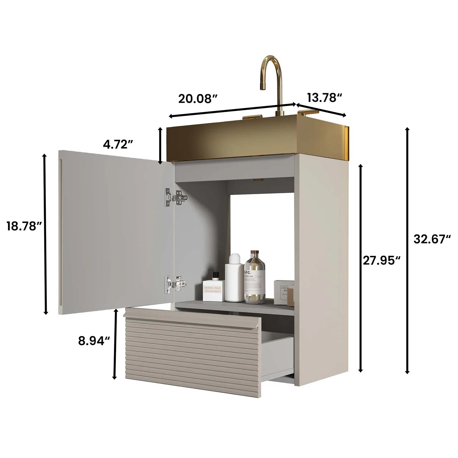 20" Compact Fluted Gray Freestanding Bathroom Vanity with Brushed Gold Sink - Image 7