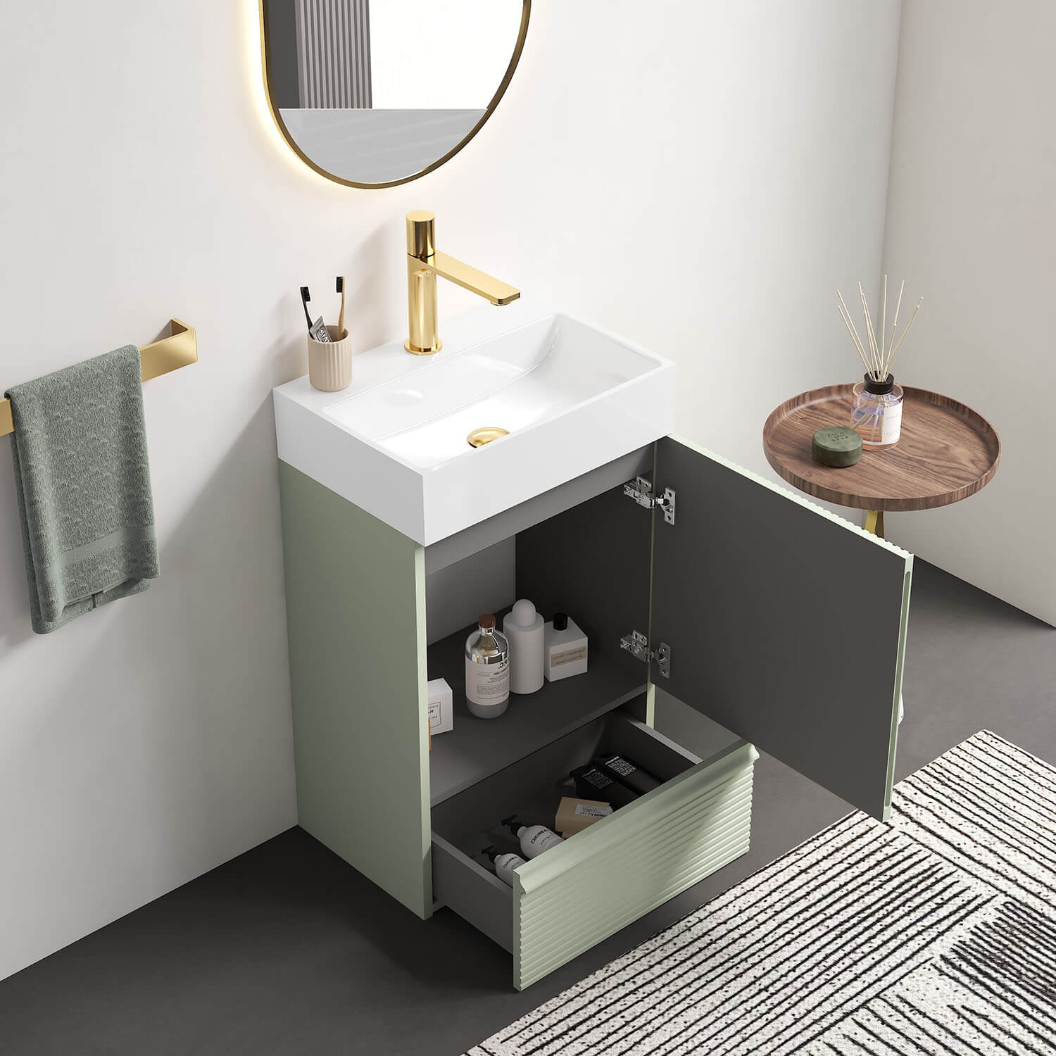 20" Fluted Light Green Freestanding Bathroom Vanity with White Ceramic Sink - Image 2