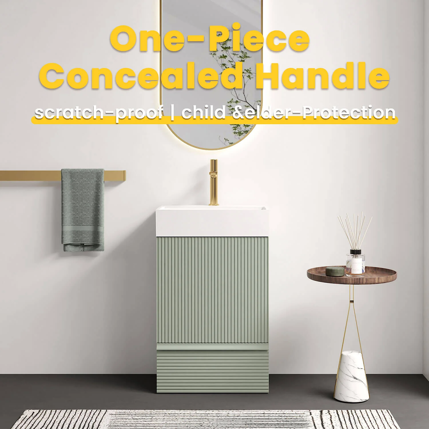 20" Fluted Light Green Freestanding Bathroom Vanity with White Ceramic Sink - Image 3