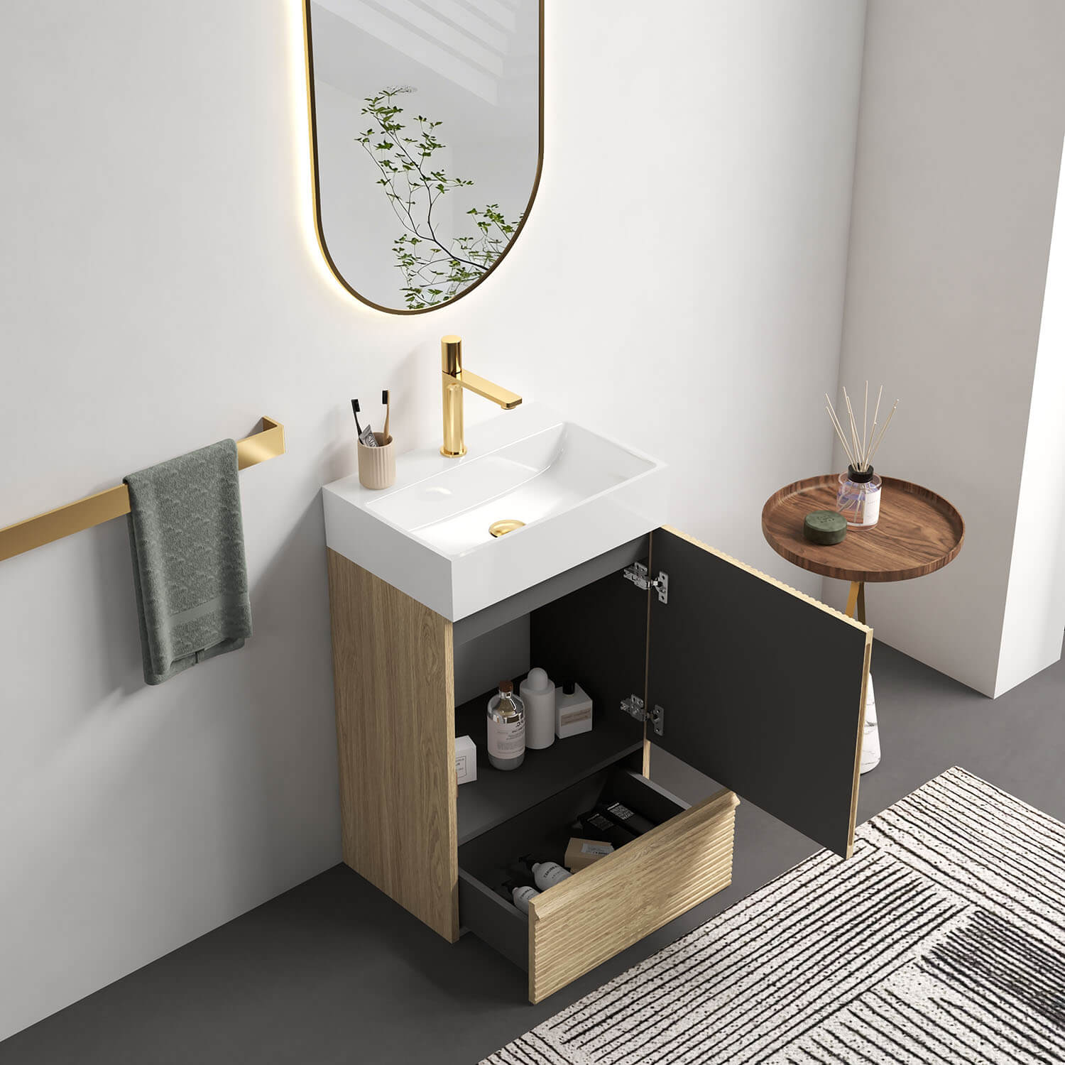 20" Fluted White Oak Freestanding Bathroom Vanity with White Ceramic Sink - Image 2