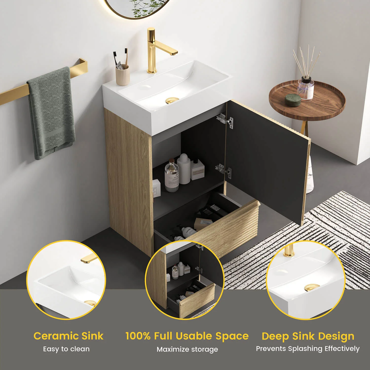 20" Fluted White Oak Freestanding Bathroom Vanity with White Ceramic Sink - Image 3