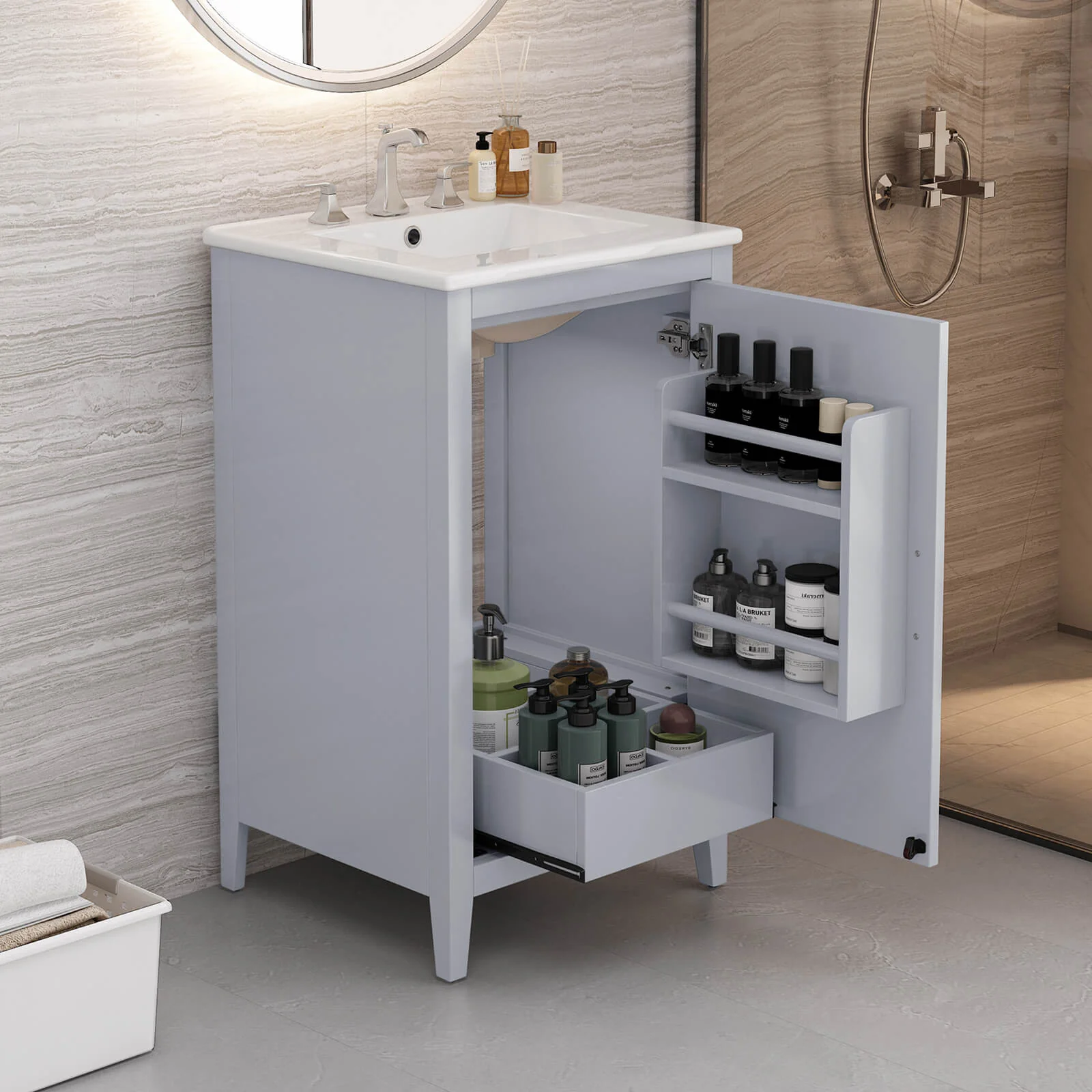 20" Gray Minimalist Bathroom Vanity with Storage - Image 2