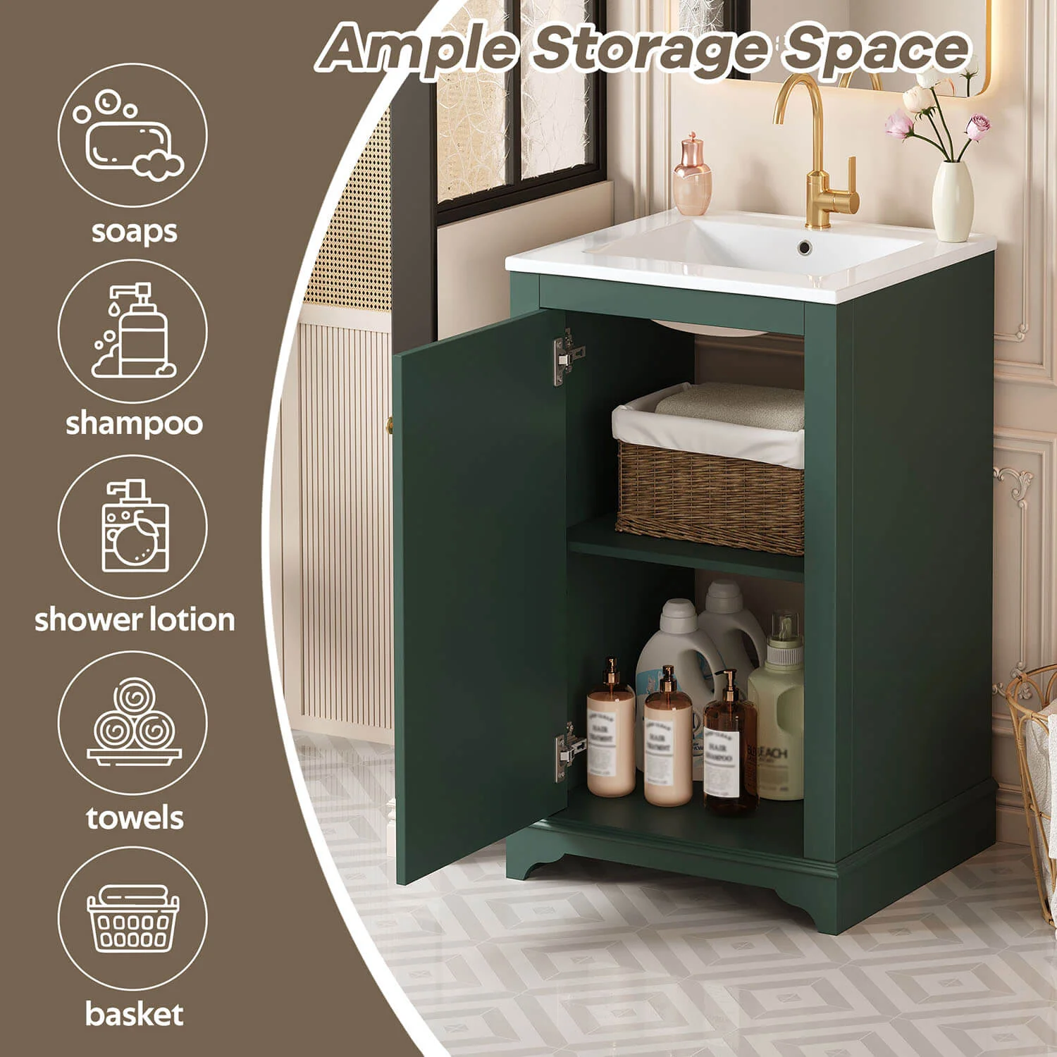 20" Green Freestanding Bathroom Vanity with White Ceramic Sink - Image 3
