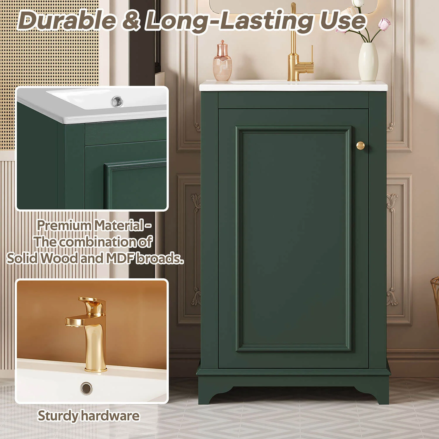 20" Green Freestanding Bathroom Vanity with White Ceramic Sink - Image 4