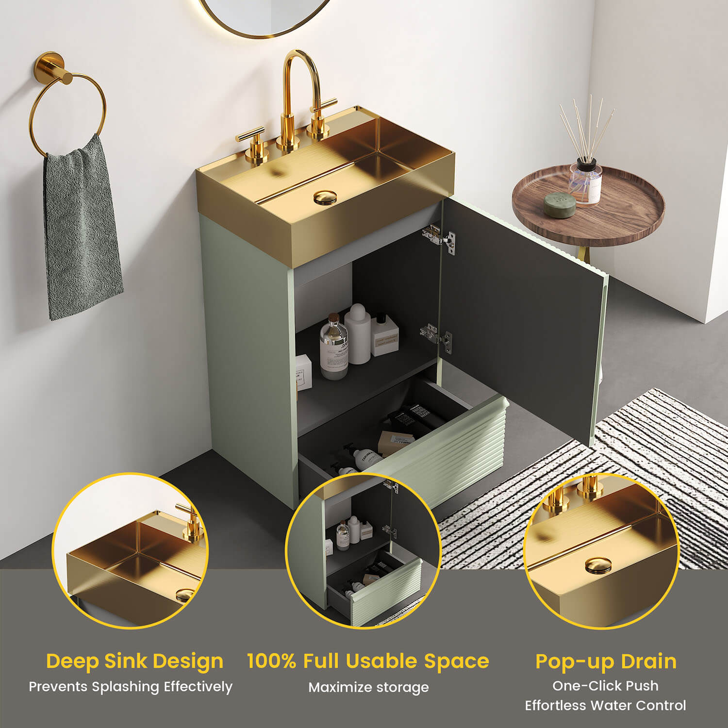 20" Striped Green Bathroom Vanity with Brushed Gold Sink - Image 3