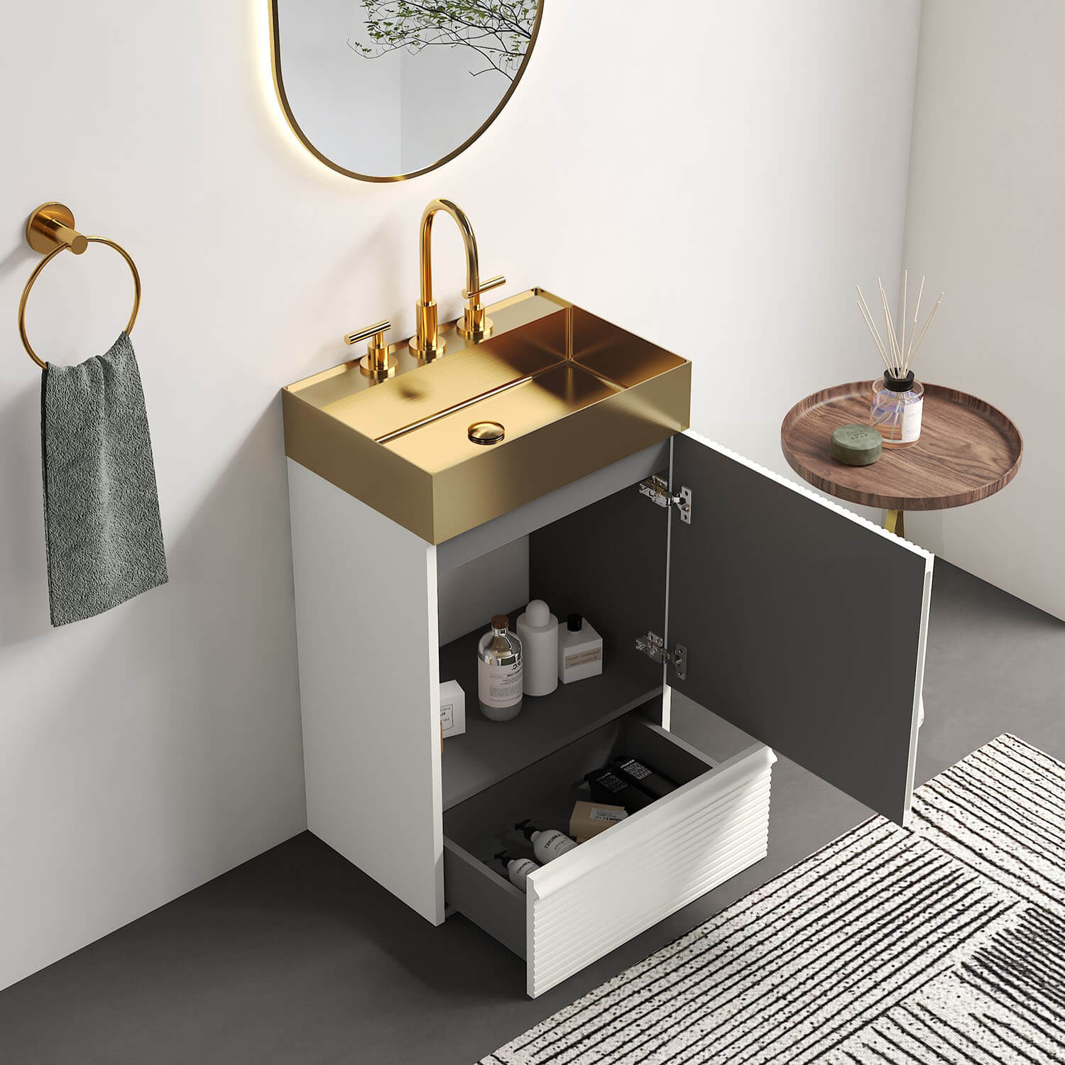 20" Striped White Bathroom Vanity with Brushed Gold Sink - Image 2