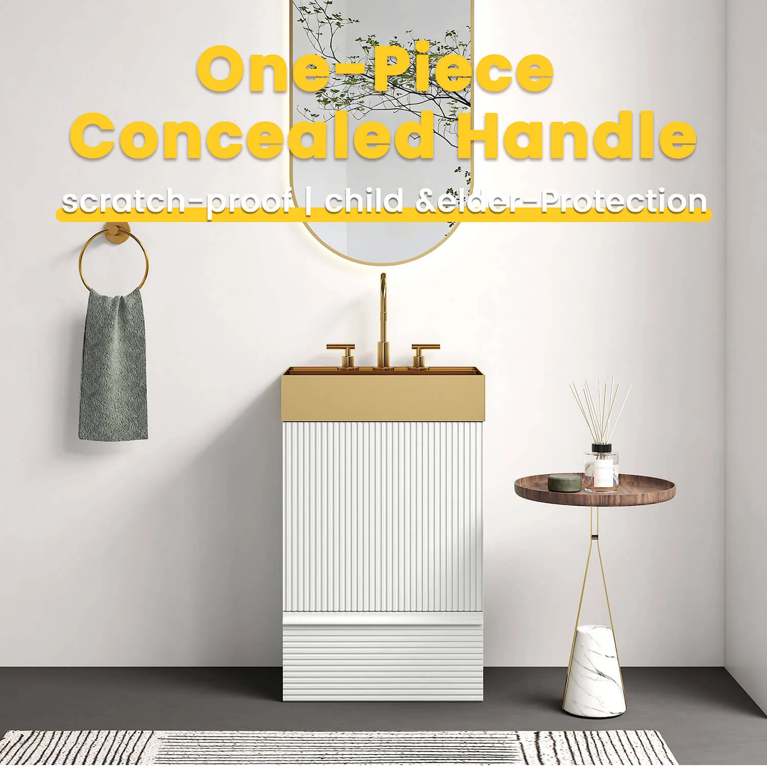 20" Striped White Bathroom Vanity with Brushed Gold Sink - Image 5