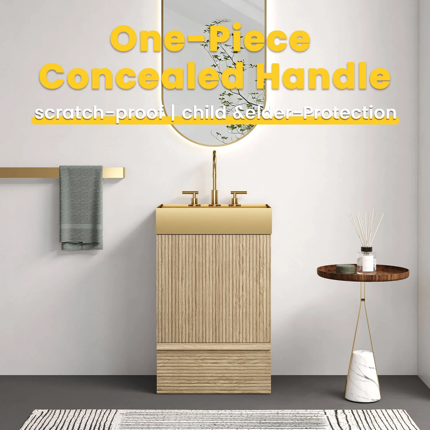 20" Striped White Oak Bathroom Vanity with Brushed Gold Sink - Image 5