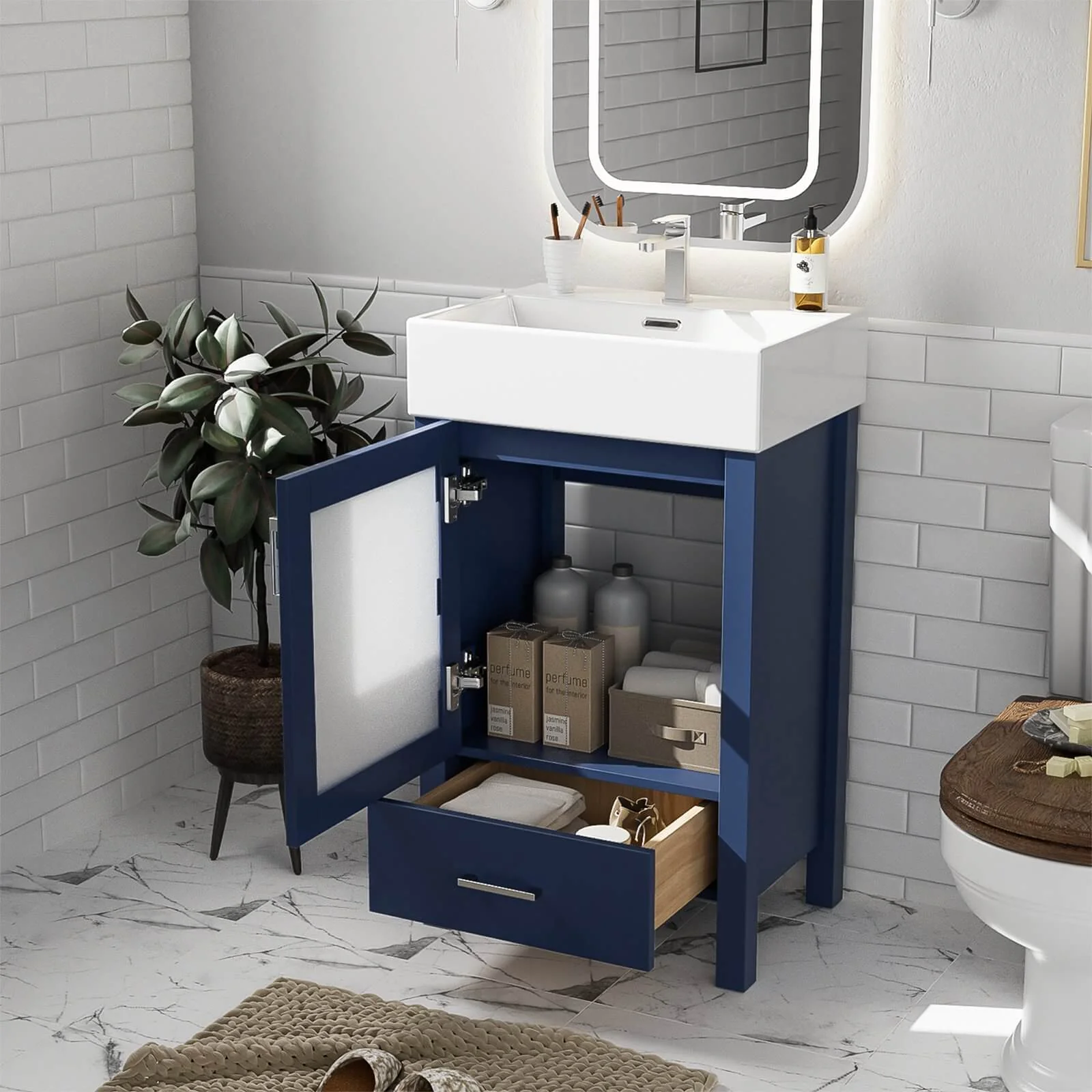20" Blue Vanity with Frosted Glass Door - Image 3