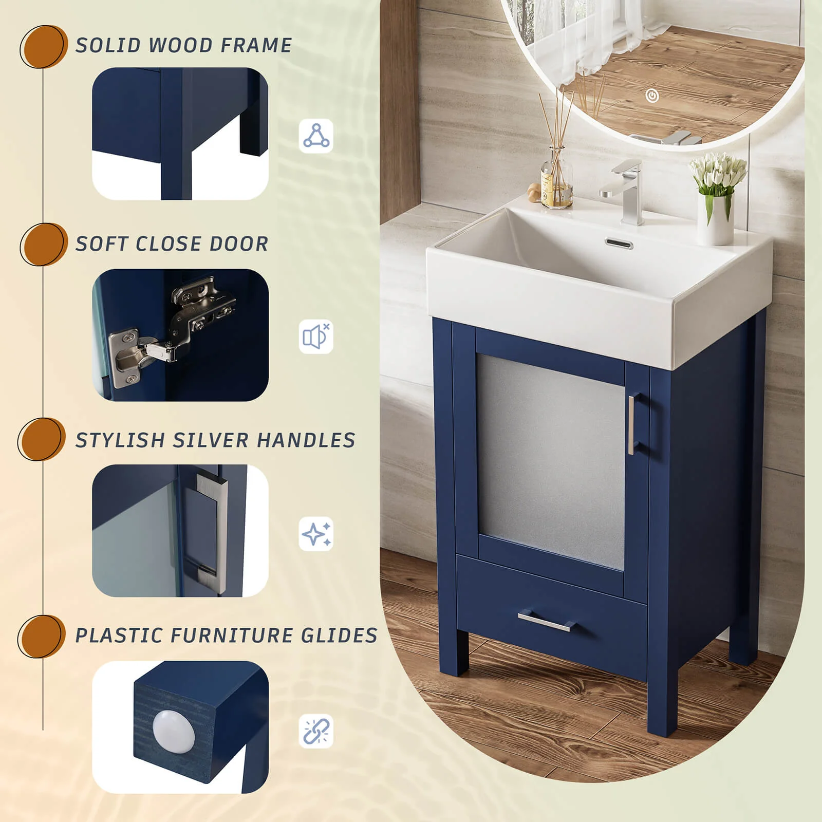 20" Blue Vanity with Frosted Glass Door - Image 6