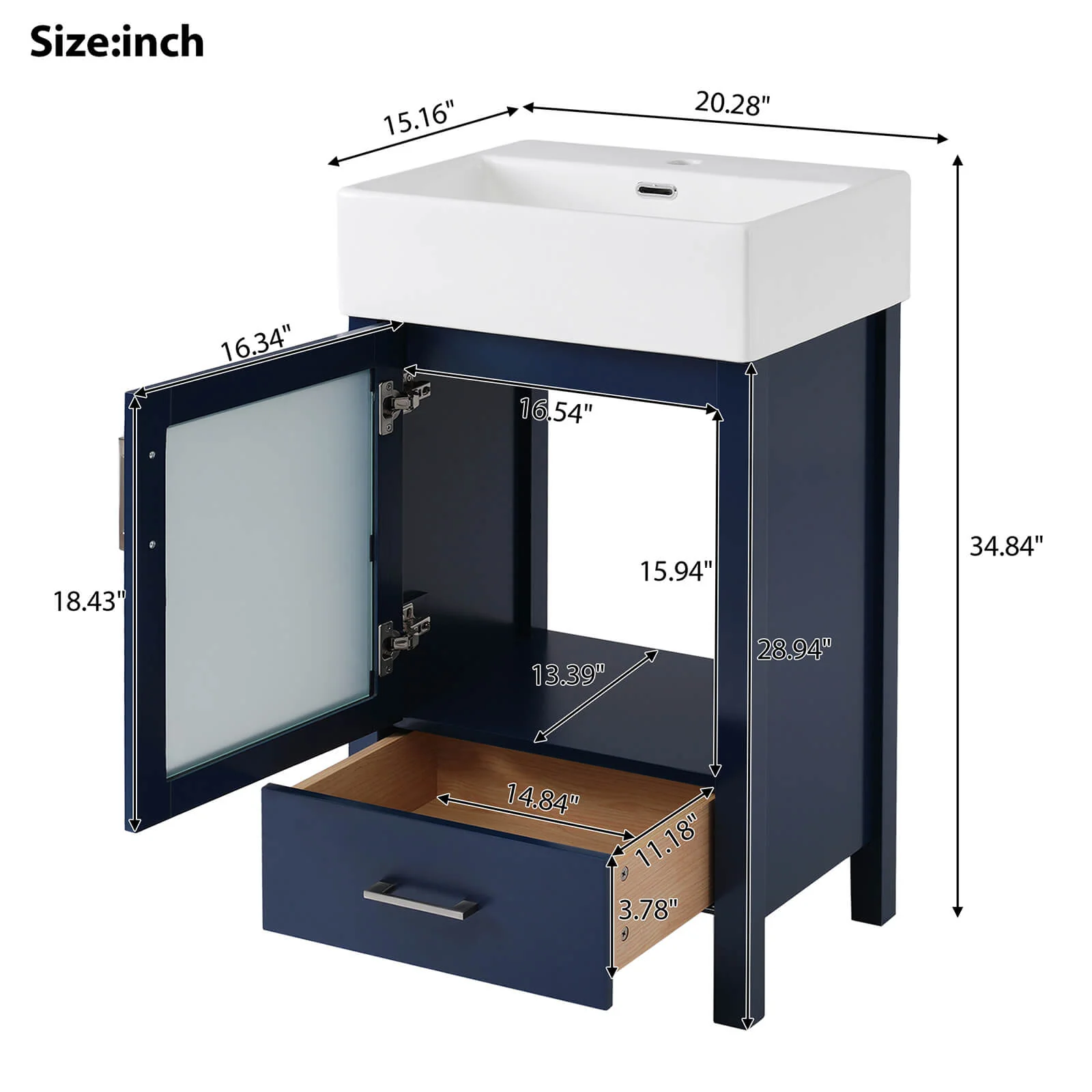 20" Blue Vanity with Frosted Glass Door - Image 8