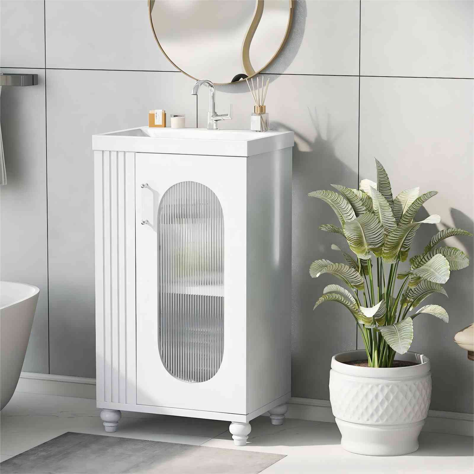 20" White Bathroom Vanity with Sink, Two-Tier Shelf & Adjustable Solid Wood Cabinet - Image 2