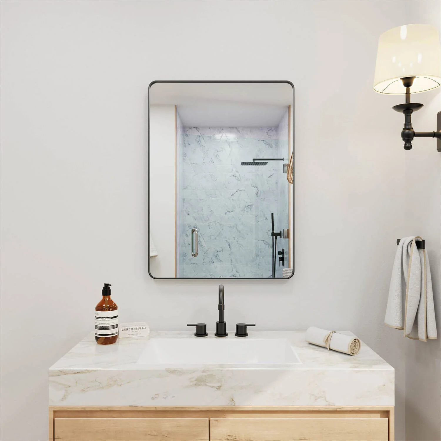 22"x30" Black Framed Bathroom Mirror With Shatterproof Tempered Glass
