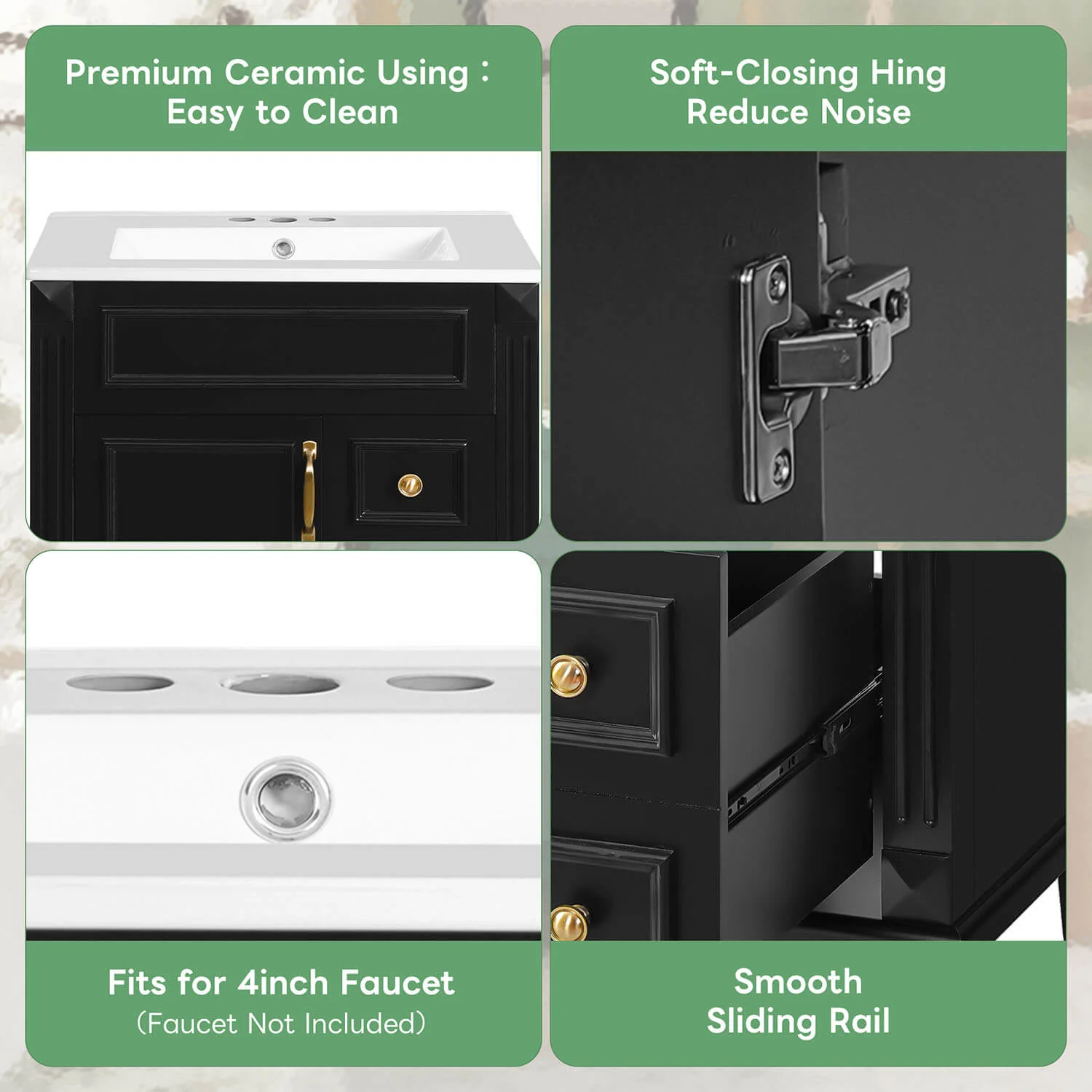 24" Black Freestanding Bathroom Vanity Storage Cabinet with Ceramic Sink - Image 6