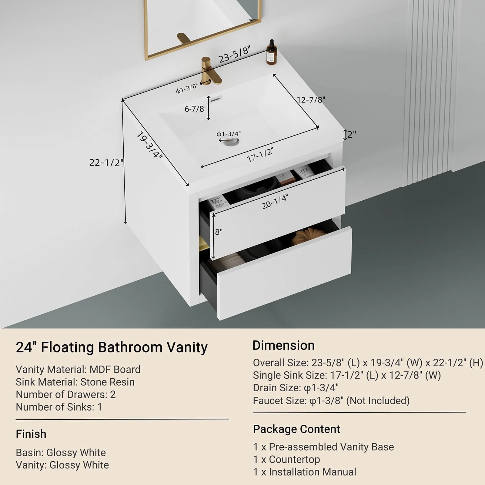 24" Modern Floating Single-Sink Vanity with Gold Accents - Image 8