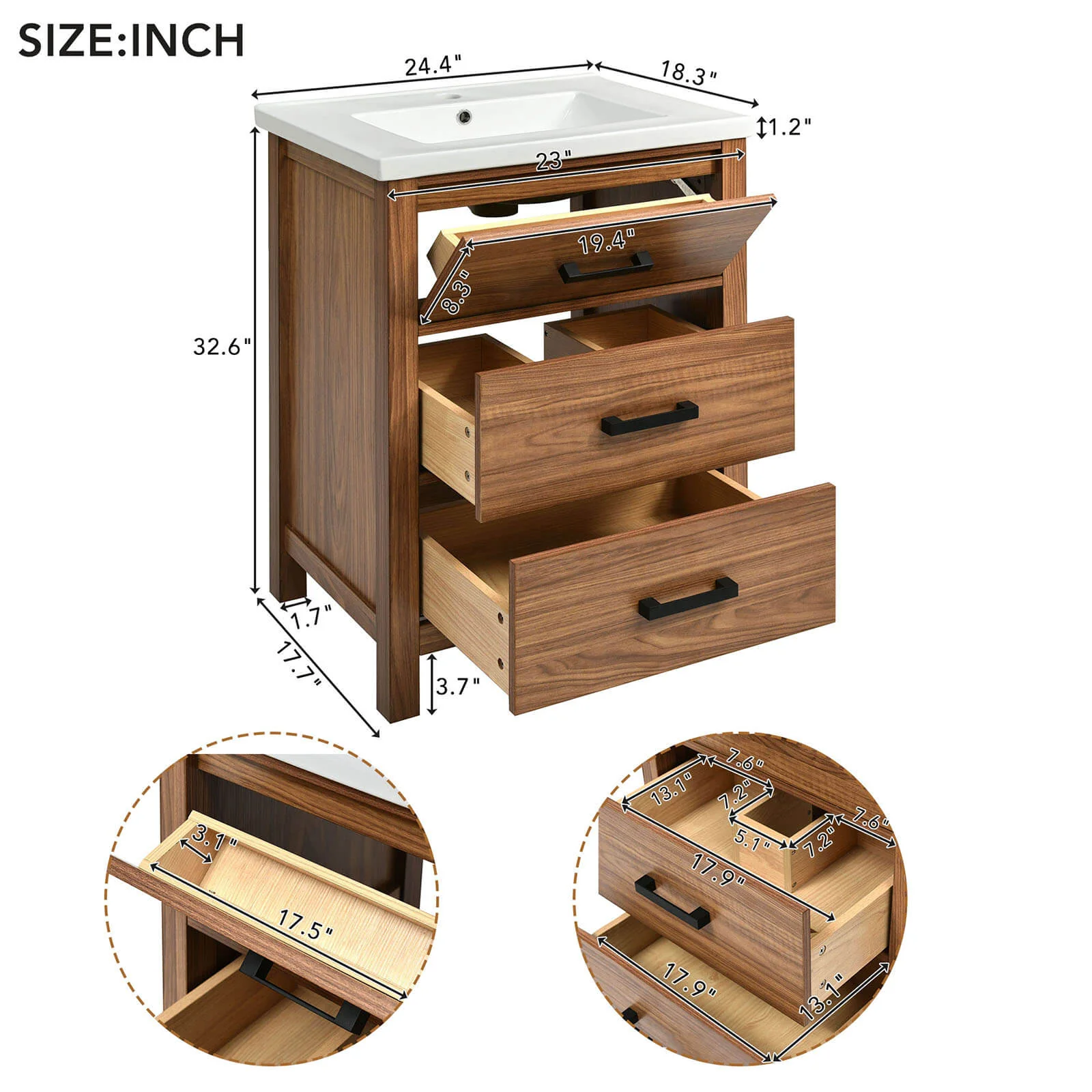 24" Natural Wood Bathroom Vanity with 3 Drawers - Image 15