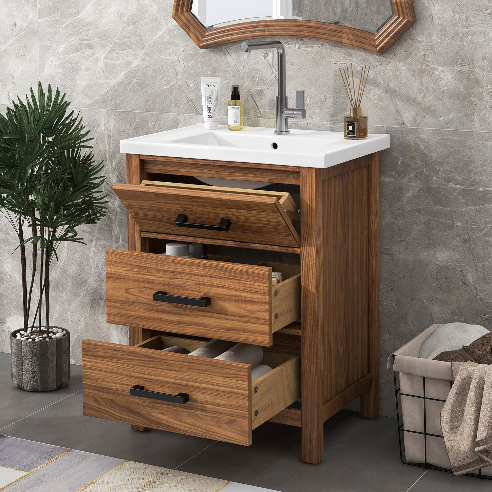 24" Natural Wood Bathroom Vanity with 3 Drawers - Image 3