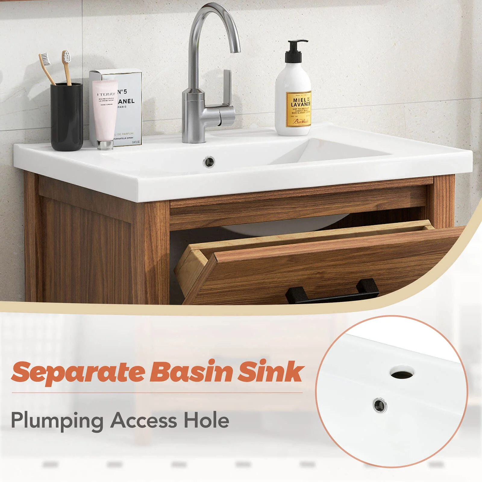 24" Natural Wood Bathroom Vanity with 3 Drawers - Image 4
